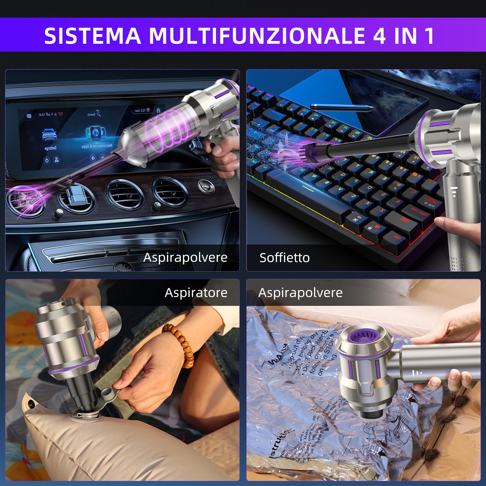 Aspirabriciole Senza Fili, 22000Pa Aspirapolvere Auto 4 in 1 con Scarico Polvere Automatico a un Tocco, Motore Brushless, Aspirazione a 3 Velocità per Casa/Auto/Peli di Animali Aomestici, Argento