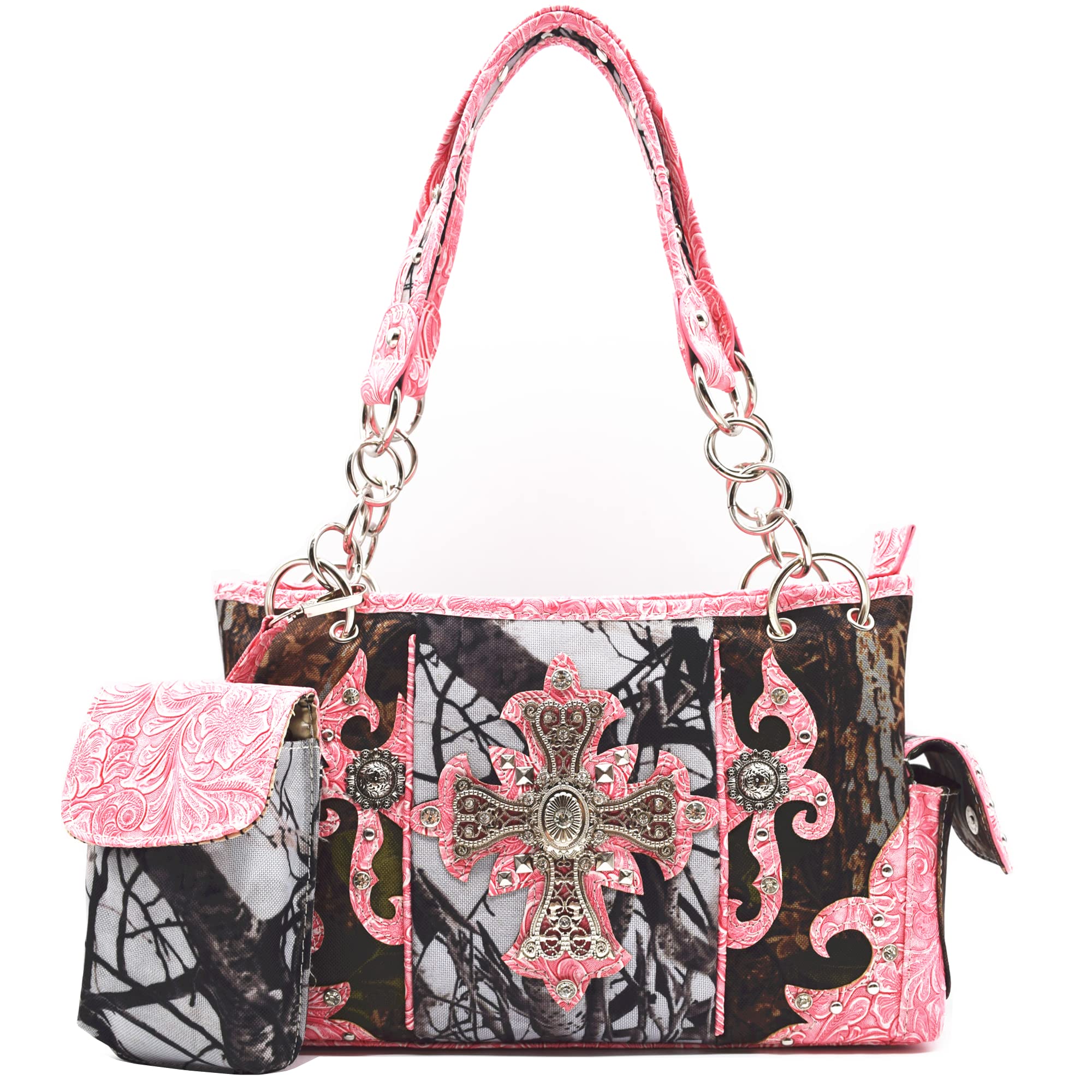 Camouflage Cross Western Style Studded Handbag Concealed Carry Purse Country Women Shoulder Bag Wallet (#2 Fuchsia Set)