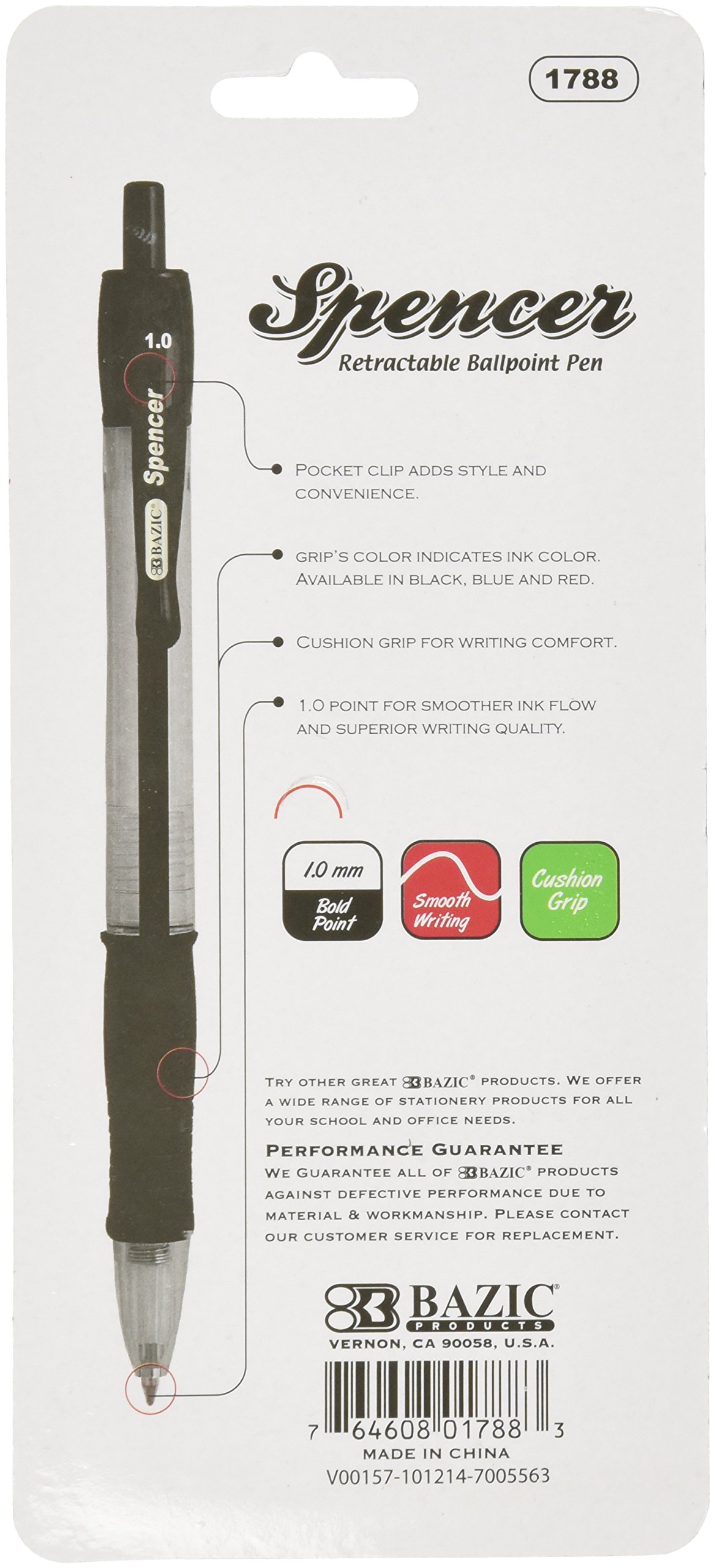 BAZIC Spencer Asst Color Retractable Pen w Cushion Grip 4 Pack — view 2