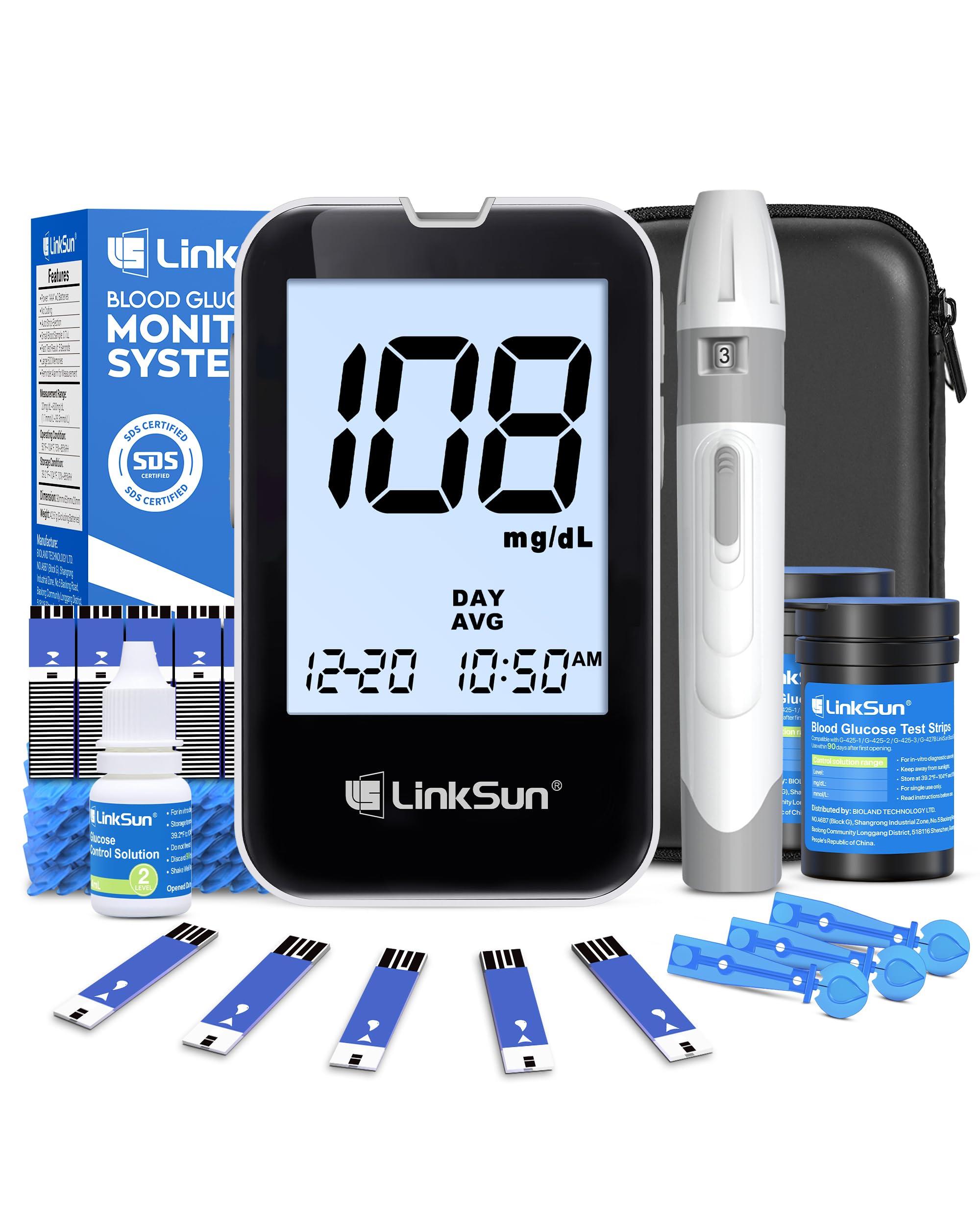 G-425-2V Blood Glucose Monitor Kit, 100 Test Strips, 100 Lancets, High Accuracy Blood Sugar Monitor, Lancing Device, Control Solution & Travel Diabetic Organizer Bag, Large Display, No Coding