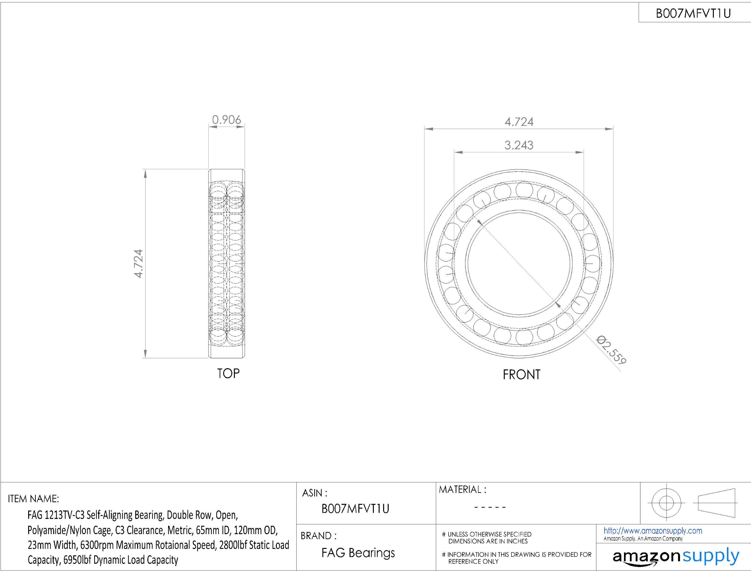 Fag 1213tv-c3 samonastawne łożysko dwurzędowe, otwarte, poliamidowe/nylonowe Cage, C3 Clearance, Metric, 65 mm ID, 120 mm od, szerokość 23 mm, maksymalna prędkość 6300 obr./min, obrotowa 2800 LBF