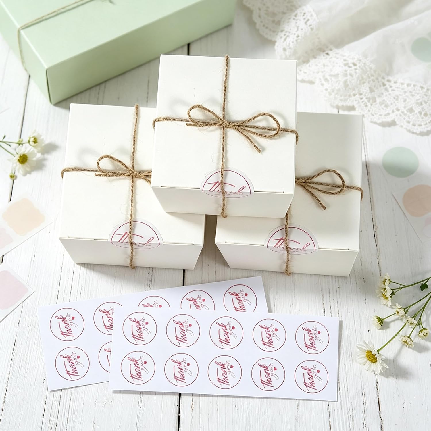 MOLDTAS 20 Pack White Boxes with Lids and Pink Thank You Stickers Packing Boxes for Birthday Holiday Presents Craft (5X5X5 inches)
