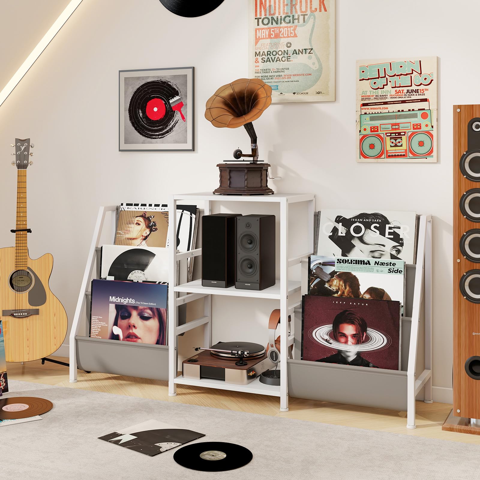 GIANTEX Soporte para Tocadiscos con 3 Estantes Abiertos y 6 Bolsillos de Almacenamiento, Combinación Flexible, Estantería para Discos de Vinilo, 125x30x69cm, Mueble para Salón, Dormitorio (Blanco)