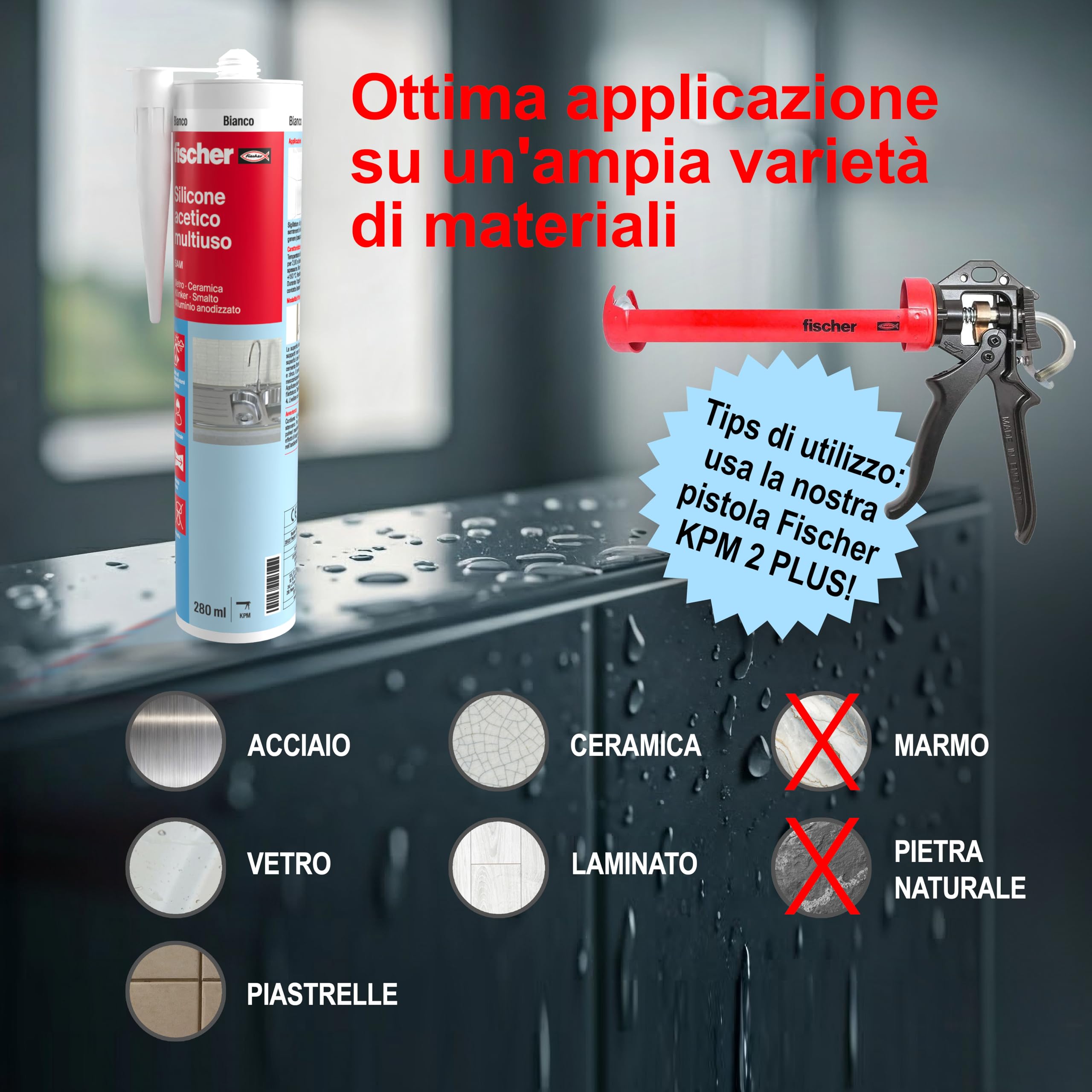 Fischer Silicone Acetico Multiuso SAM 280 Trasparente, Sigillante Antimuffa per Vetro, Alluminio, Smalto, Ceramica, Adatto per Bagno e Cucina, 9351