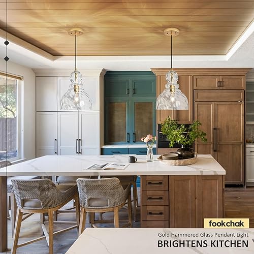 Miniatura 8 de Lámpara colgante de cristal martillado, luces colgantes para isla de cocina, latón cepillado, luz grande de 10 pulgadas, luces colgantes de techo de