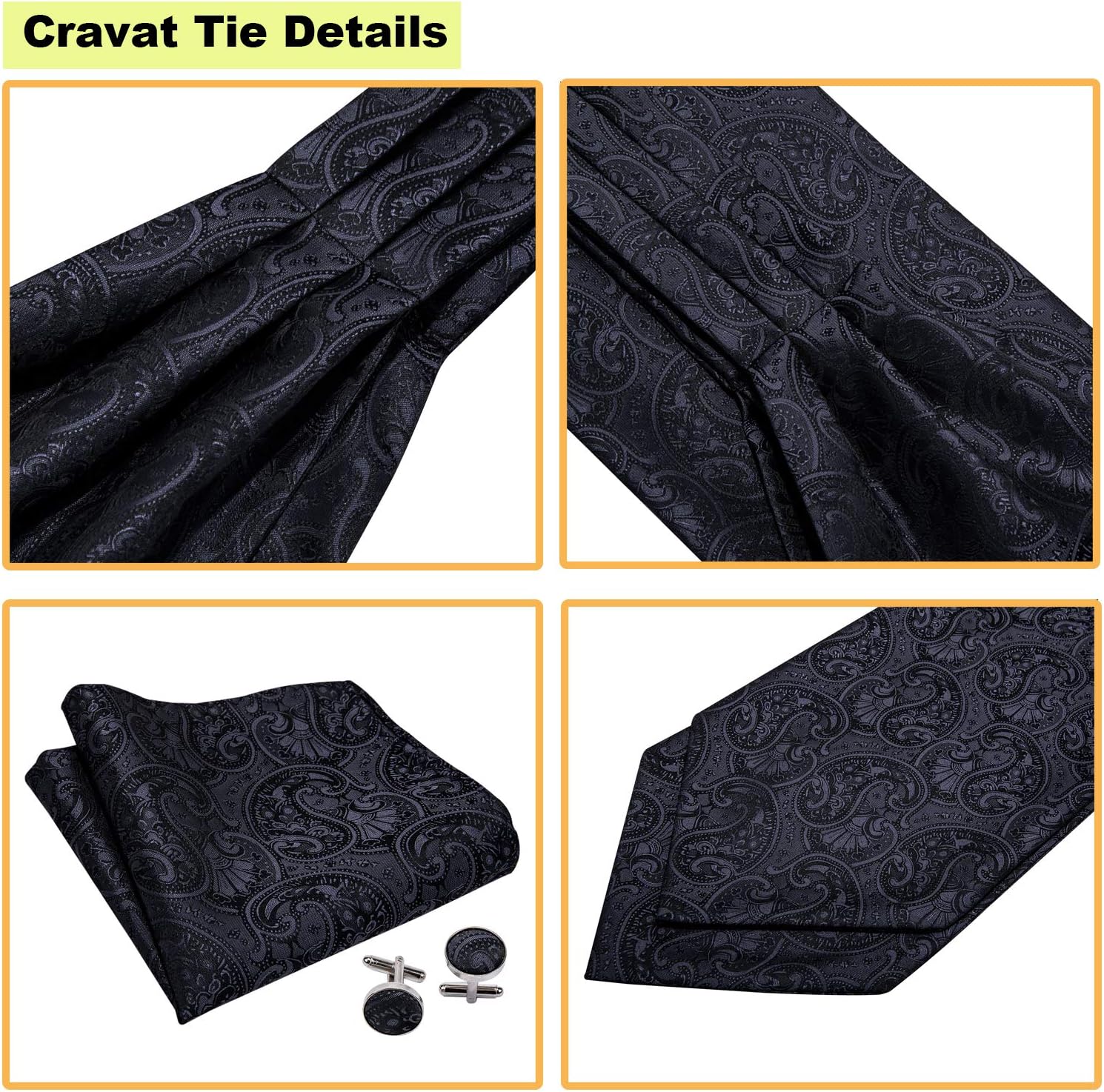 Barry.Wang Men Ascot Cravat Ties Pocket Square Cufflinks Set Jacquard Silk