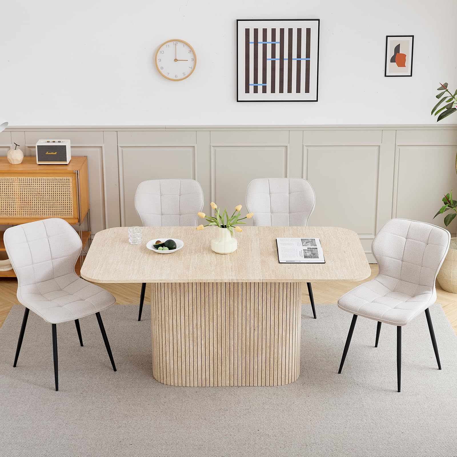 GrandCA HOME Mesa de Comedor Rectangular con Esquinas Redondeadas, Moderna Mesa de Comedor de 160 cm con Base de Madera, Amplia Superficie de Trabajo de MDF, 4-8 Personas, Color Travertino Amarillo
