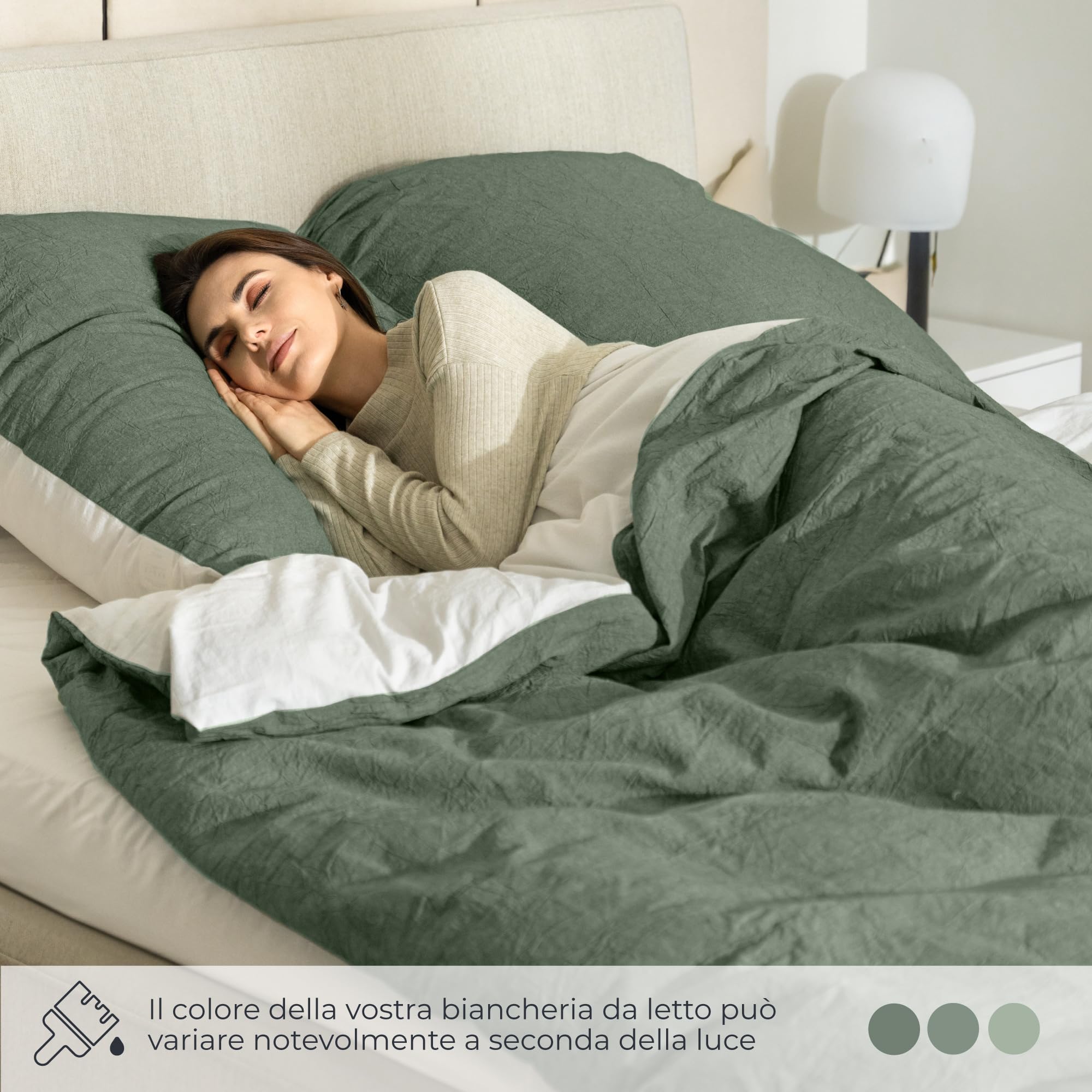 Dreamzie 2 Copripiumino Singolo Cotone 135x200 cm con 2 Federe 80x80 cm - Verde Set Copripiumino Singolo 135 x 200 con Chiusura Lampo, Consistenza Simile al Lino Slavato Pietra