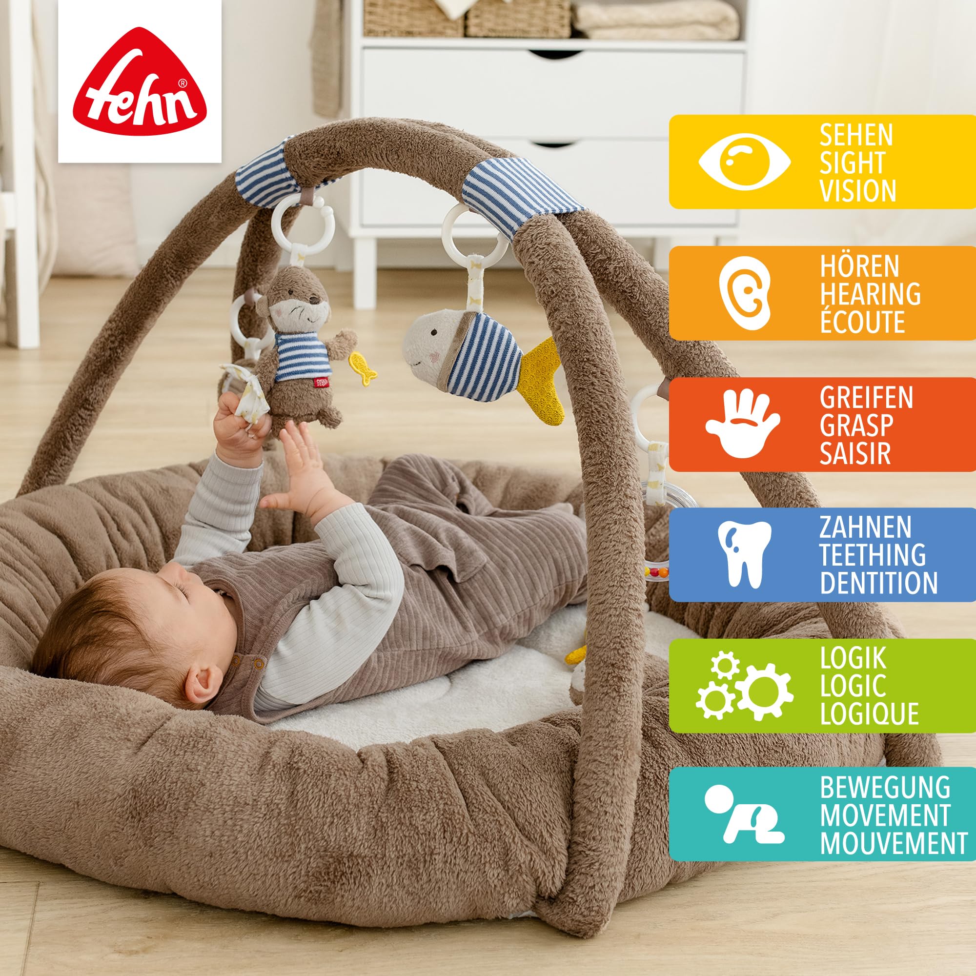 Fehn nido de actividades 3D arco de juegos nutria - Manta de juego para bebés redondo con 5 juguetes extraíbles para agarrar - para bebés y niños a partir de 0 meses - como regalo por el nacimiento