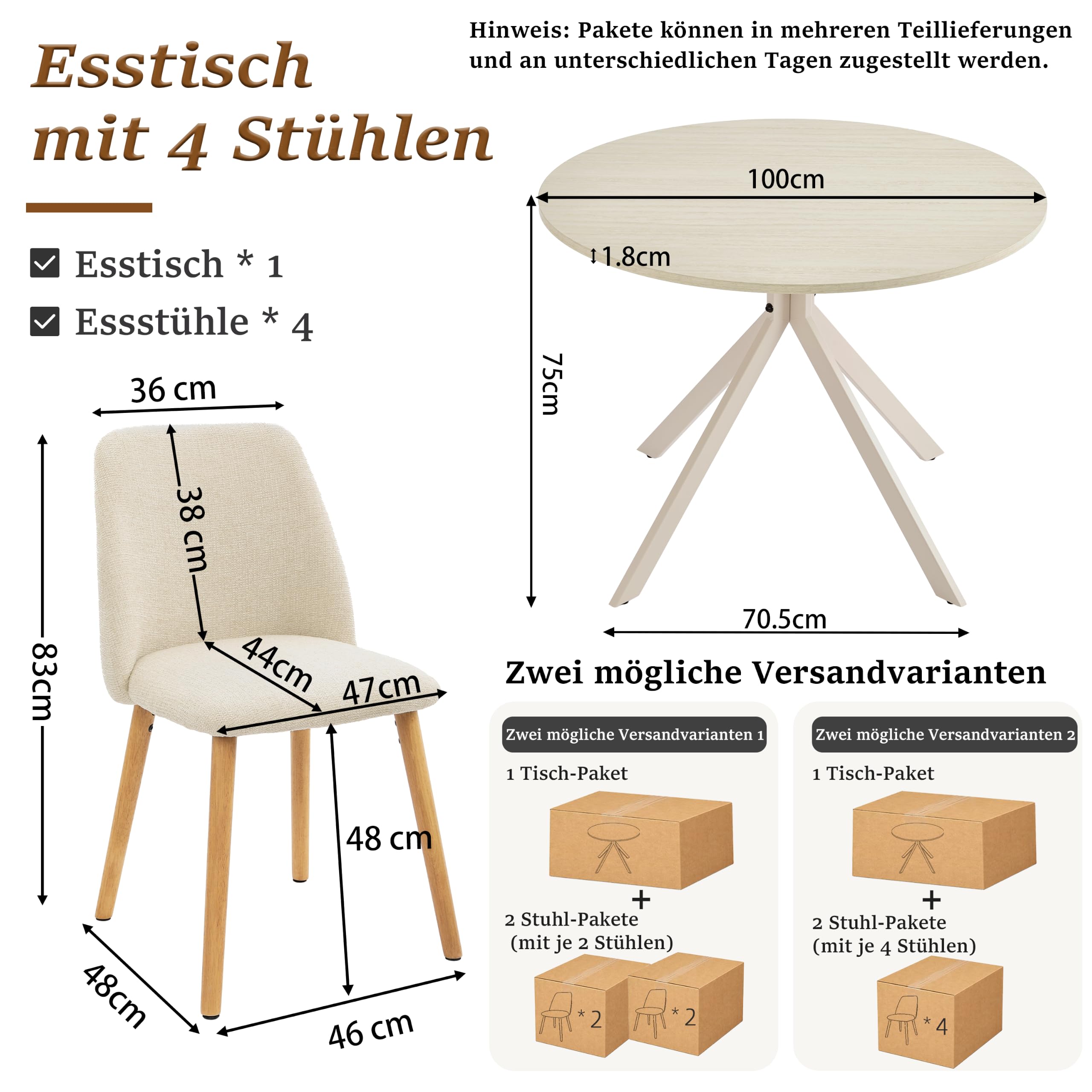 Conjunto de Comedor 5 Piezas: Mesa Redonda de 100 cm con 4 sillas, Ideal para Cocina, Comedor y salón.Travertino Mesa +Crema Silla