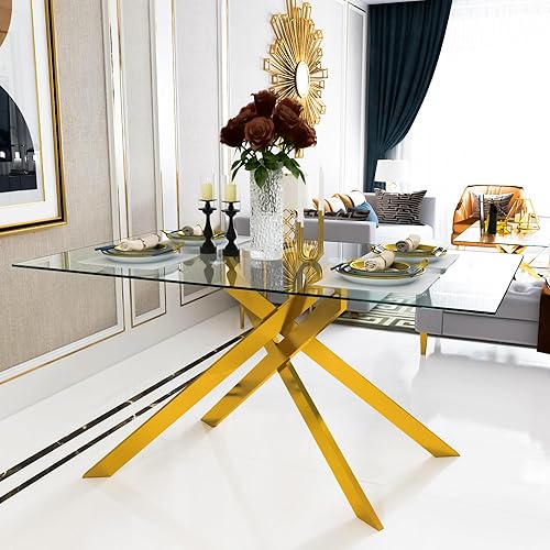 Miniatura 276 de Mesa de comedor de cristal de 51 pulgadas para 4, mesa de comedor rectangular contemporánea con parte superior de vidrio templado y patas de acero