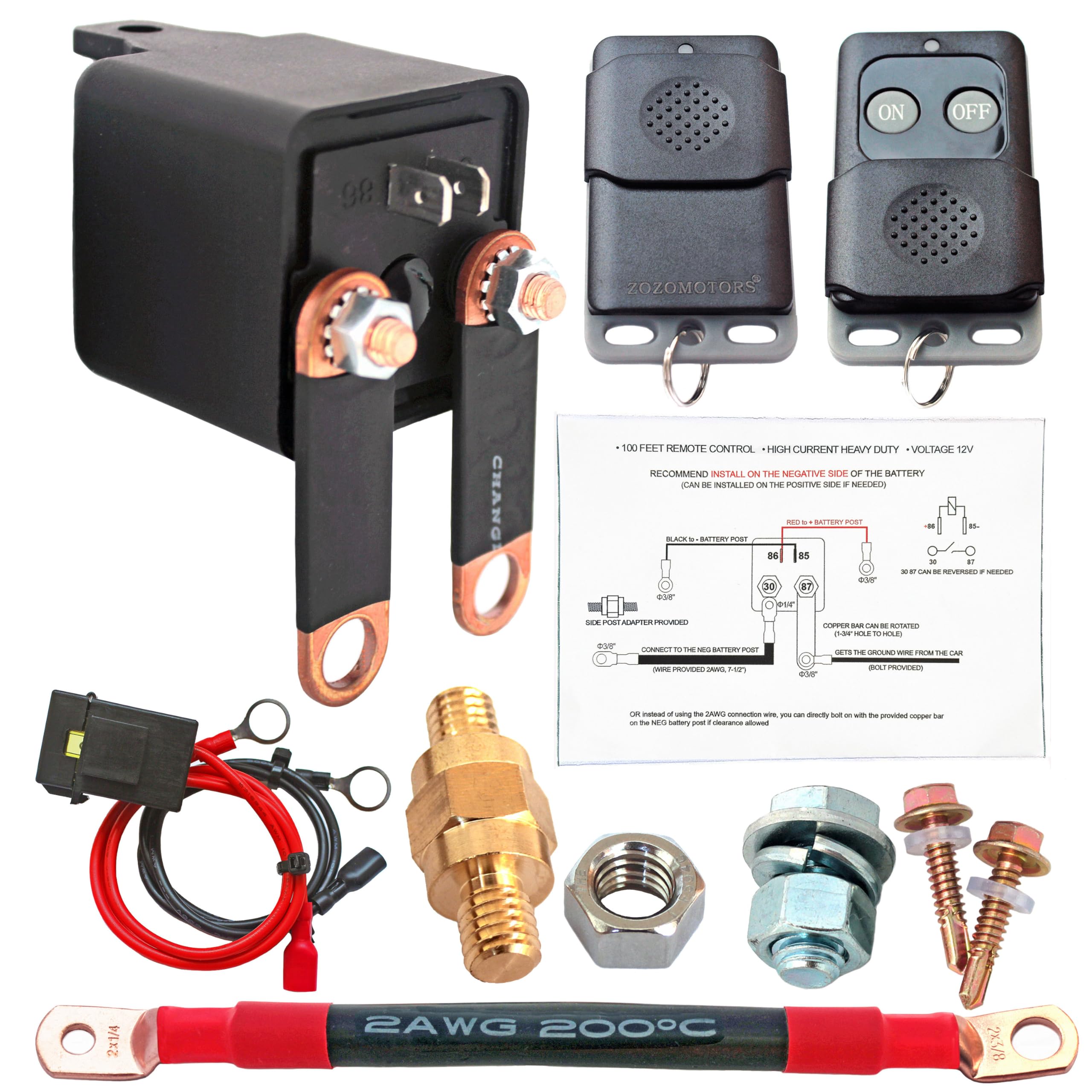 3/8" Side Post Remote Battery Disconnect Switch 12V Battery Kill Switch for Car Truck, RV Camper, UTV Anti Theft Battery Cut/Shut Off Switch, 200/1000 AMP Heavy Duty, On/Off