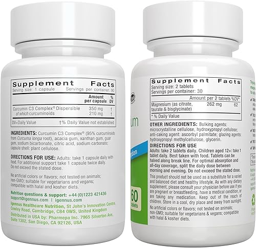 Miniatura 6 de Complejo triple de magnesio + complejo de curcumina C3 de alta absorción, paquete vegano, glicinato quelado de alta absorción, taurato y citrato de