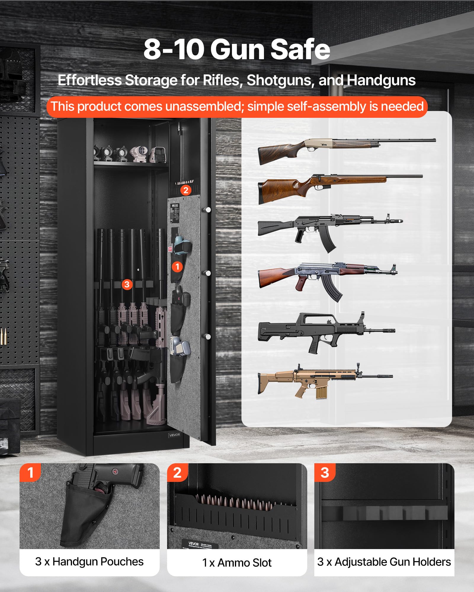 VEVOR Armario para Armas Largas Cerradura Huellas Dactilares Caja Fuerte 8-10 Rifles 40 x 45 x 140 cm Negro