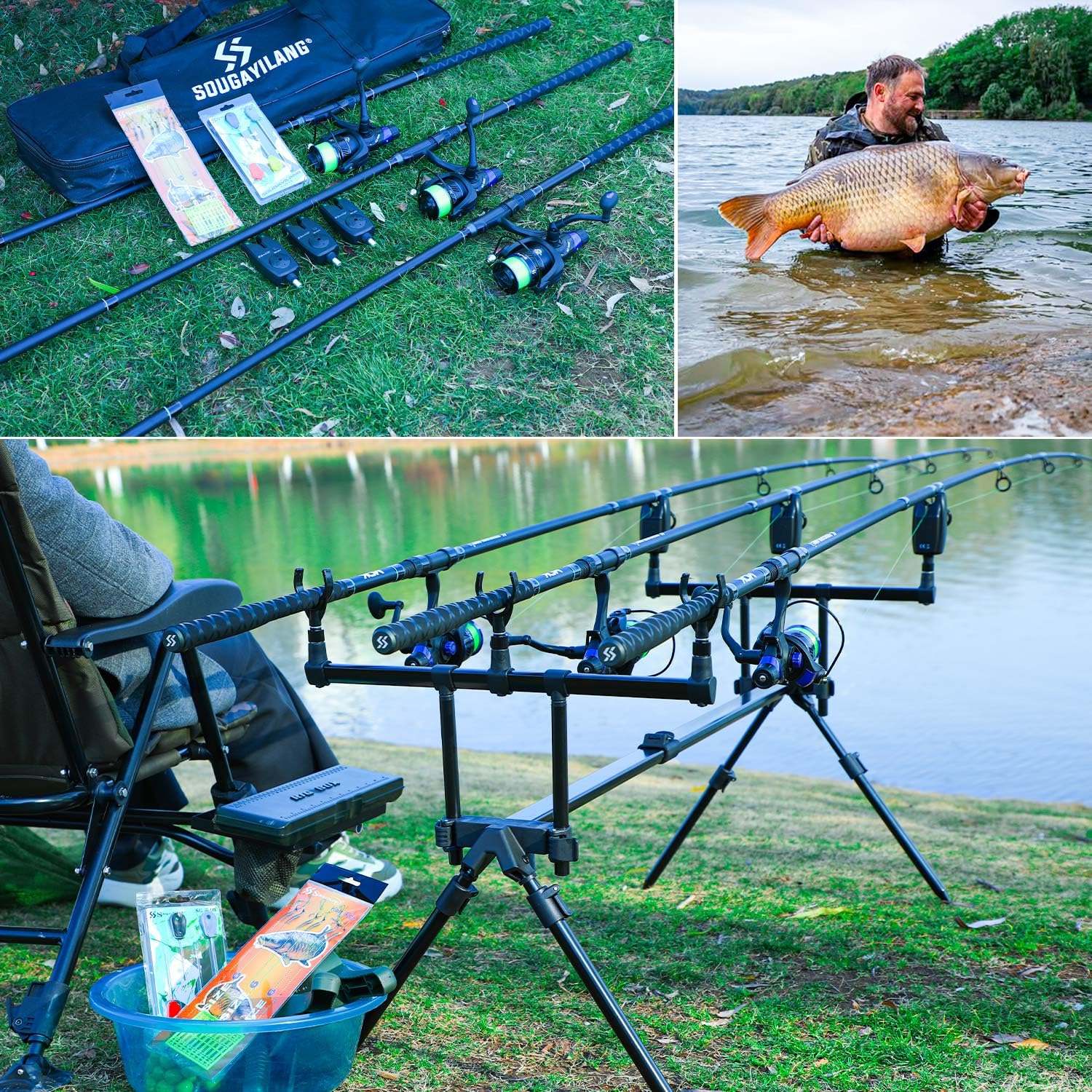 Sougayilang Ensemble de pêche à la carpe, 3 cannes de 3,3 m + moulinets série 4000, détecteurs de morsure, support de canne réglable, kit complet pour lacs et rivières à la carpe