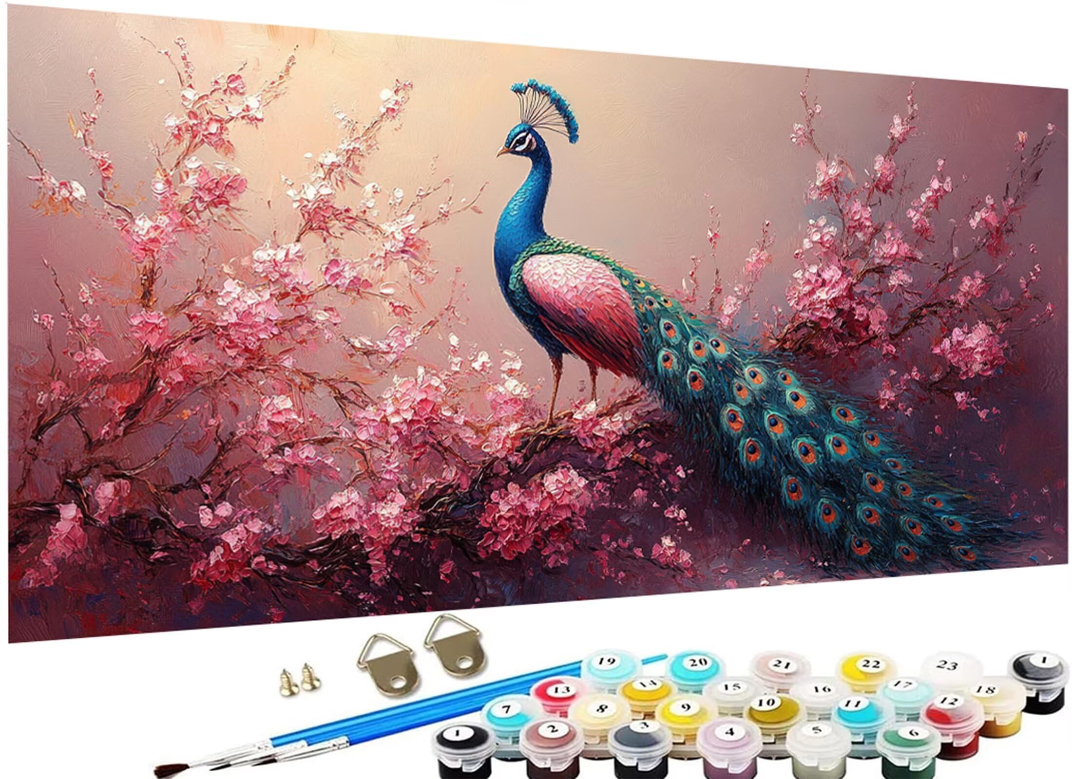 Zwierzę Malowanie według liczb dla dorosłych, DIY Malowanie według liczb Dorosłych, Paw Paw Paint By Numbers Obraz olejny na płótnie z pędzlami Pigment Akryl, Dekoracja domu 70 x 140 cm (bez ramki) J3