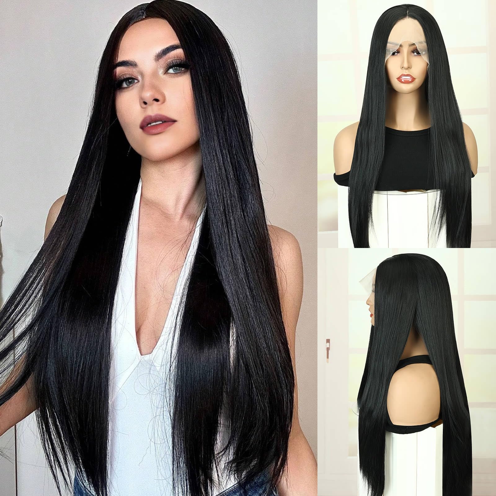 Queentas Long Black Straight Wigs for Women 13x3 Lace Front Wig Middle Part Heat Resistant Synthetic Wig with Preplucked Hairline 30 Inch for Daily Party Use (Black)