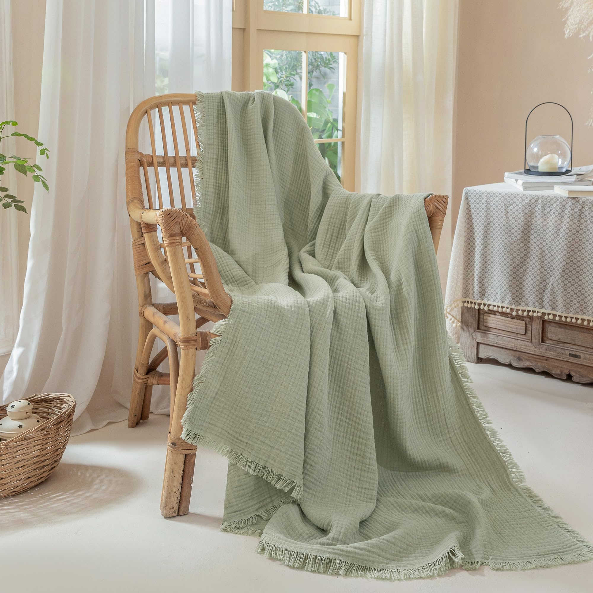 Muslin Fringe Blankets for Adults: 100% Cotton Cloud Soft