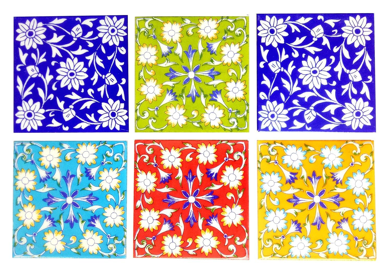 Blue Pottery Home Decorative Ceramic Wall Hanging Tile Design Flooring Tiles Floral Kitchen Washroom Mosaic Furniture Tile Handmade Backsplash 6 x 6 Inches (Pack of 6, Multicolor)-image-40