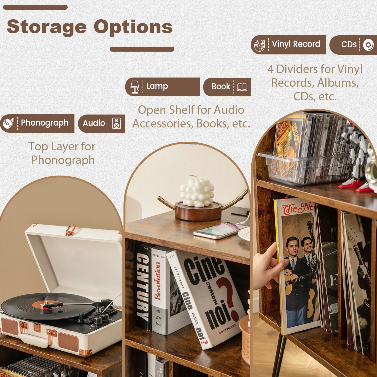 KOMFOTTEU Meuble Platine Vinyle avec 2 Prises Standard européenne, 1 USB,1 Type-C, Meuble Tourne-Disque, 5 Casiers, Table d’Appoint Multifonction, Pieds Métals, 48 x 40 x 88 cm (Industriel)