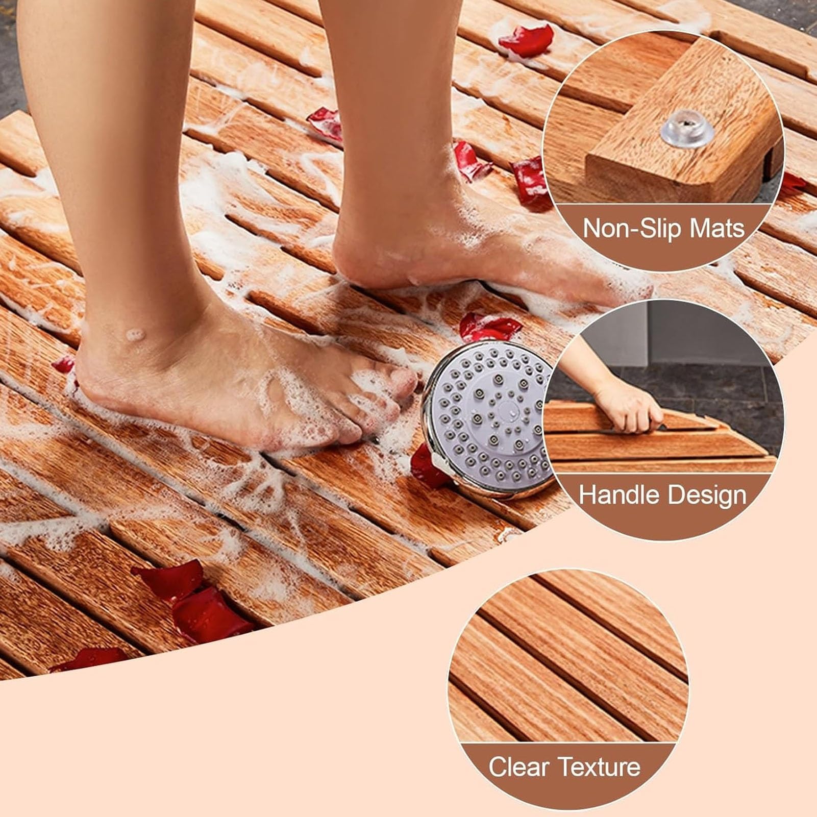 Alfombrilla de ducha antideslizante de madera de teca, alfombrilla de baño cuadrada con drenaje, diseño de listones para duchas interiores y exteriores (40 x 80 cm), duradera y elegante