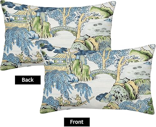 Miniatura 3 de Wsunsal Chinoiserie - Juego de 2 fundas de almohada de 12 x 20 pulgadas, almohadas asiáticas escénicas azules y verdes, fundas de almohada