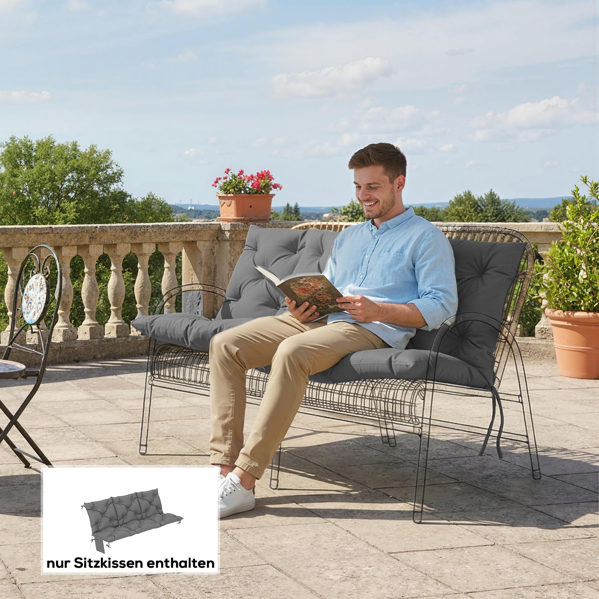 Outsunny Cojín para banco de 150 x 100 x 10 cm, 3 plazas, con cintas, respaldo, cojín para exterior, con bolsillo lateral, impermeable, para columpio, color gris oscuro