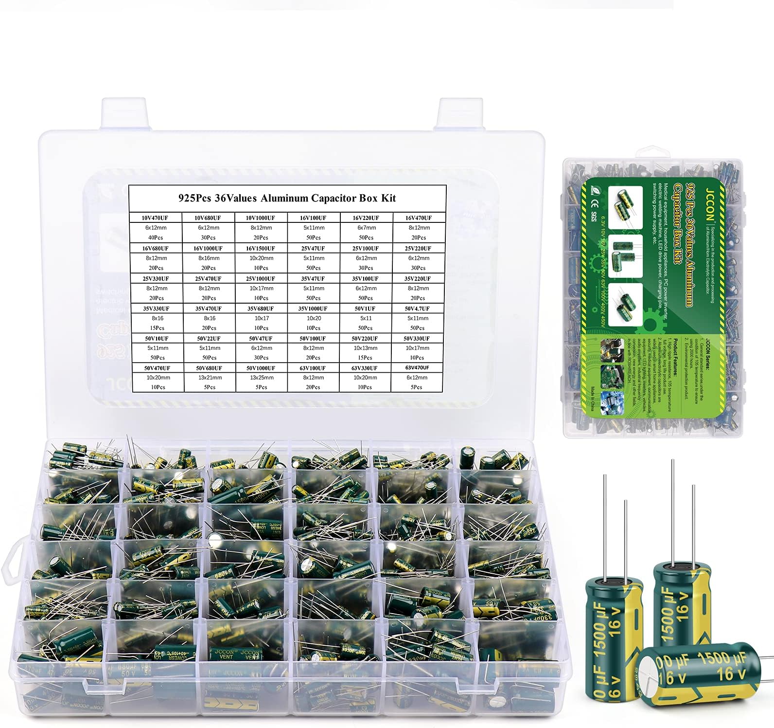 BEEYUIHF 925Pcs 36Values Aluminum Electrolytic Capacitor Assortment Kit Lowesr Capacitors Assorted Kits 1uF 4.7uF 10uF 22uF 47uF 100uF 220uF 330uF 470uF 680uF 1000uF