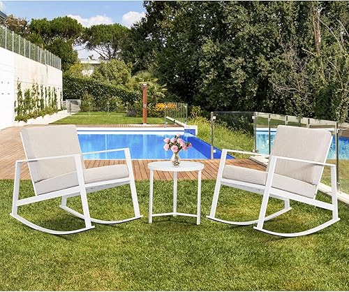 Miniatura 2 de AQUILLA Juego de 3 mecedoras de patio para exteriores, muebles de exterior con marco de metal, mesa redonda de vidrio templado, cojines gruesos de