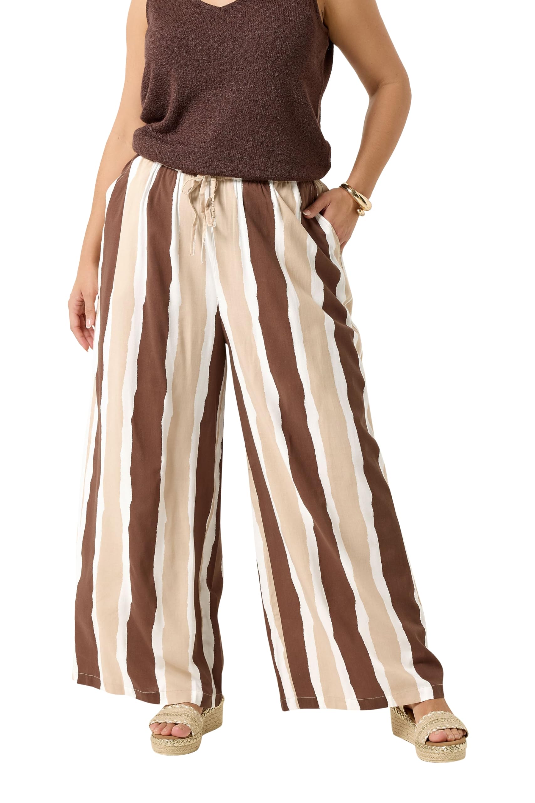 Yours Women's Brown Curve Striped Wide Leg Trousers - Plus Size Curve
