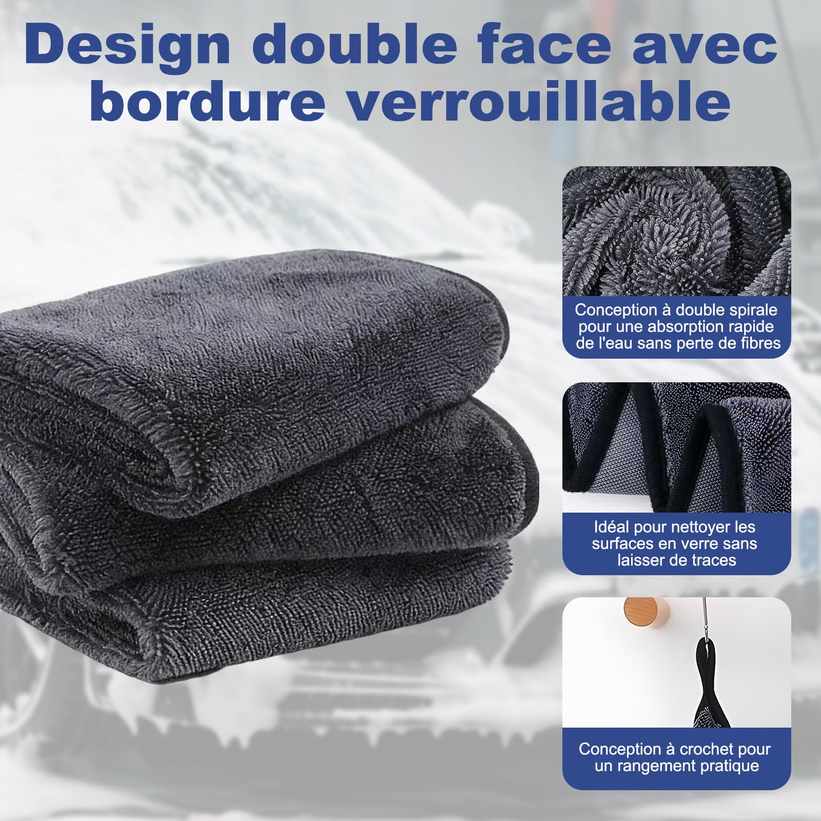 New Auto Chiffon de séchage XXL en microfibre, absorbant, non pelucheux, doux pour la peinture de voiture et de moto, 90 x 60 cm, 1800 g/m²