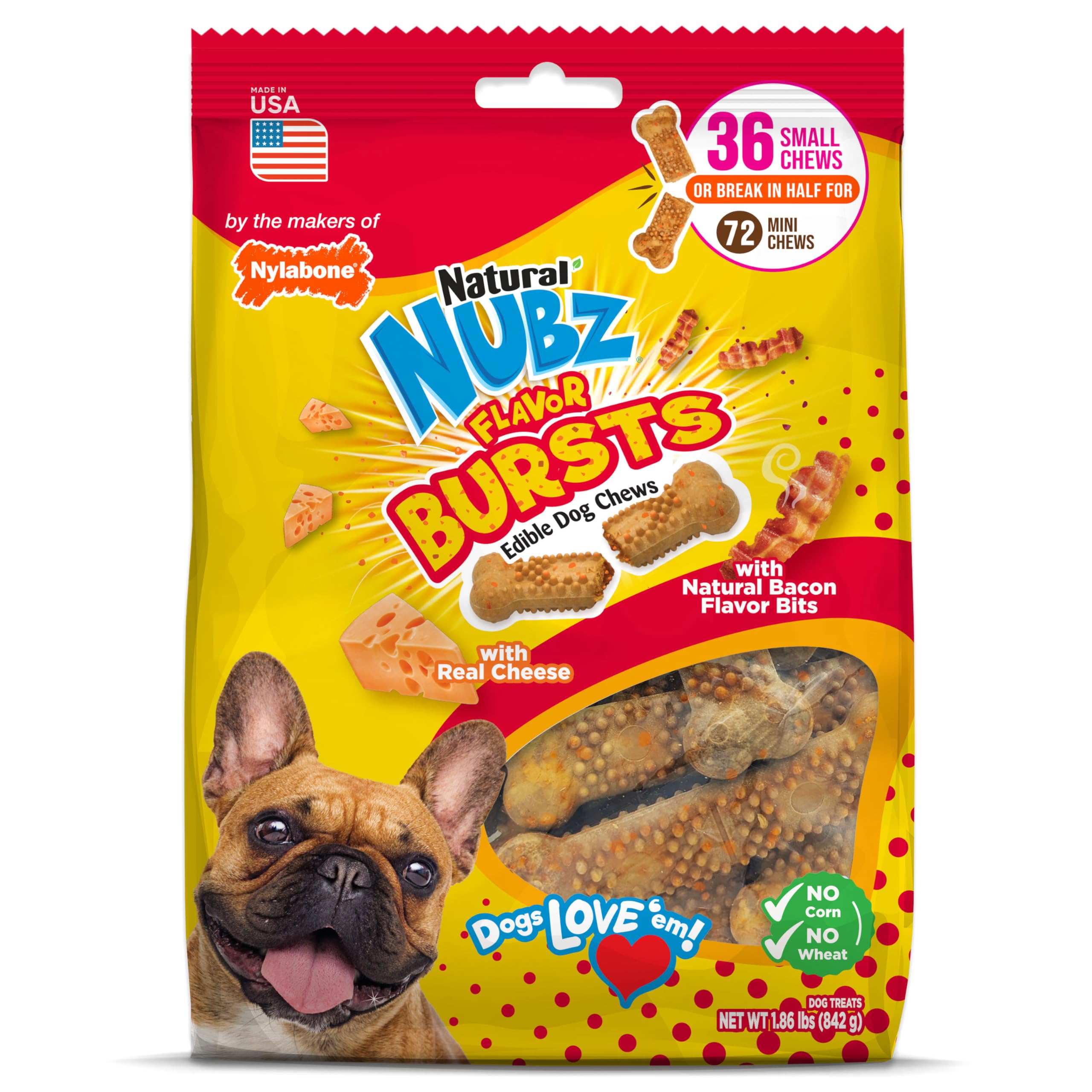 Nylabone Nubz Flavor Bursts Natural Edible Chew Bones for Dogs, Healthy Long Lasting Chews Made in The USA, Grain-Free Dog Treats for Small Dogs,