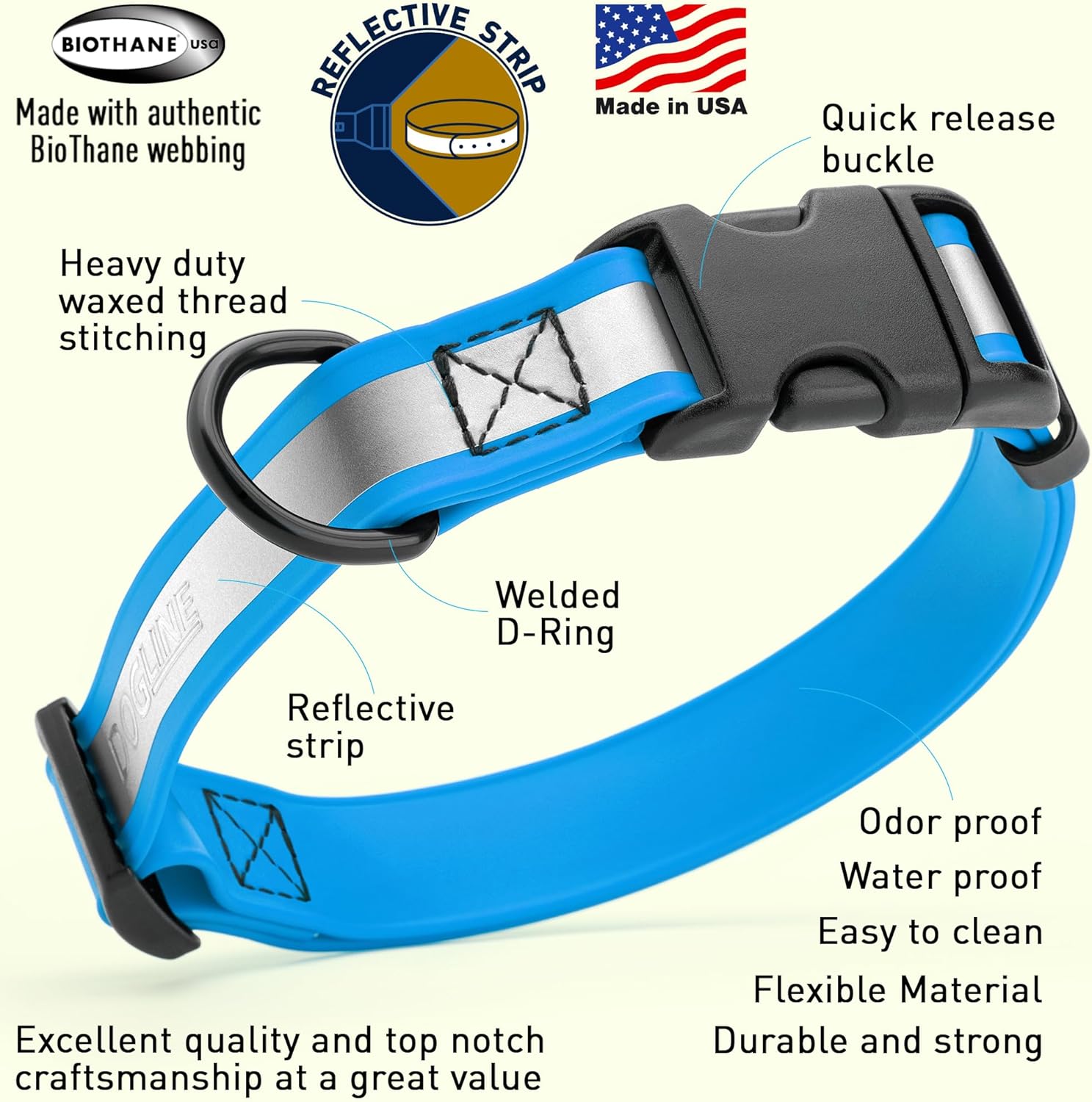 Dogline BioThane Reflective Dog Collar – Waterproof Heavy Duty Dog Collars – High Visibility Quick Release Dog Collar with Sturdy Buckle – Fun Modern Colors – Comfortable and Safe