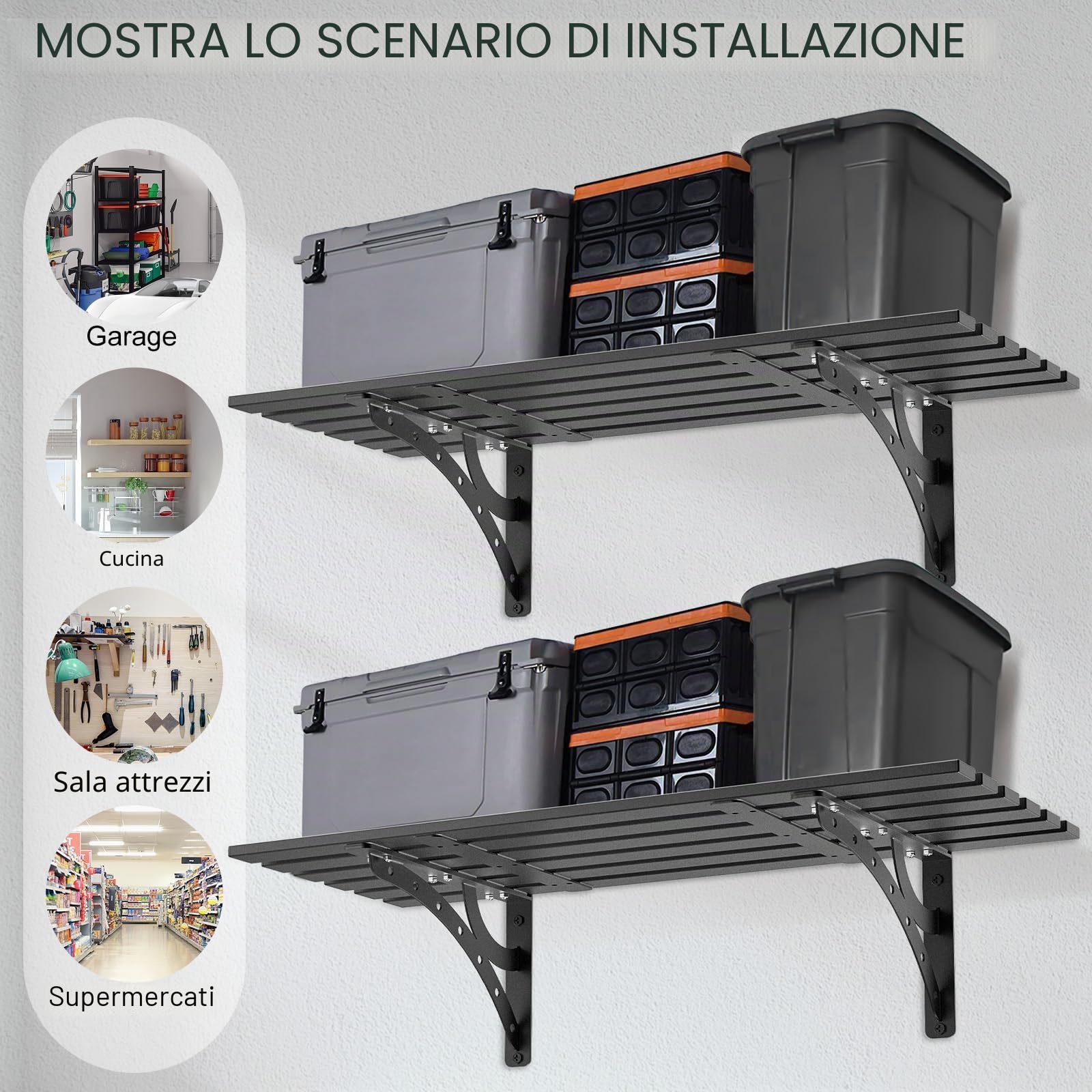 BeneLabel Confezione da 2 Mensole da Garage, Resistenti Mensole per Attrezzi da Parete, Robuste Staffe Galleggianti in Metallo con Ganci per Cucina/Ripostiglio/Capannone Degli Attrezzi, 96 x 40 cm