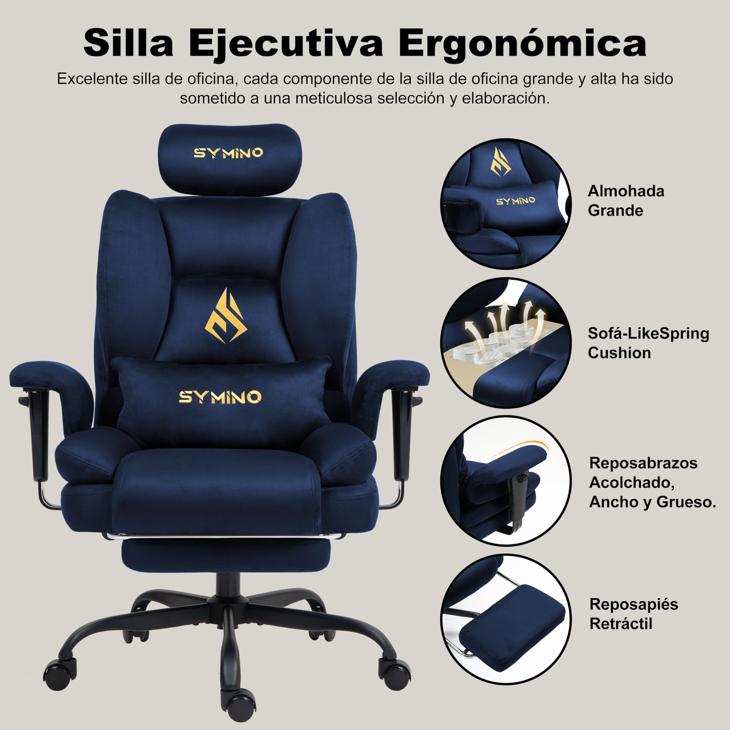 Symino Sedia direzionale da ufficio, ergonomica, in finta pelle scamosciata, con funzione basculante, regolabile in altezza, 130 kg, blu scuro