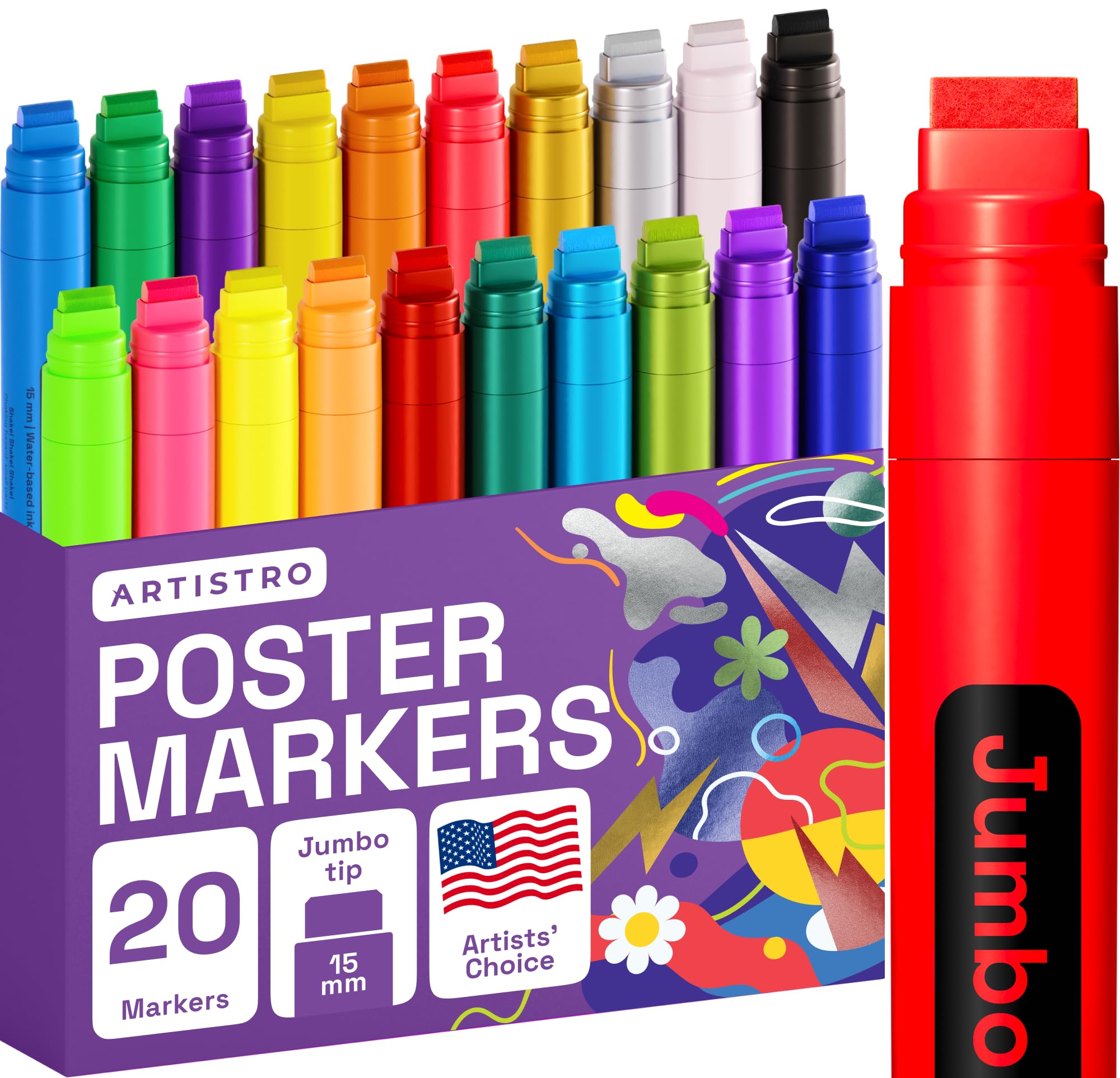 ARTISTRO 20 Jumbo Markers, Acrylic Markers with 15mm Jumbo Felt Tip for Rock, Wood, Canvas, Ceramic, Glass & More - Acrylic Paint Markers for Murals Posters Art Journals Tagging Calligraphy