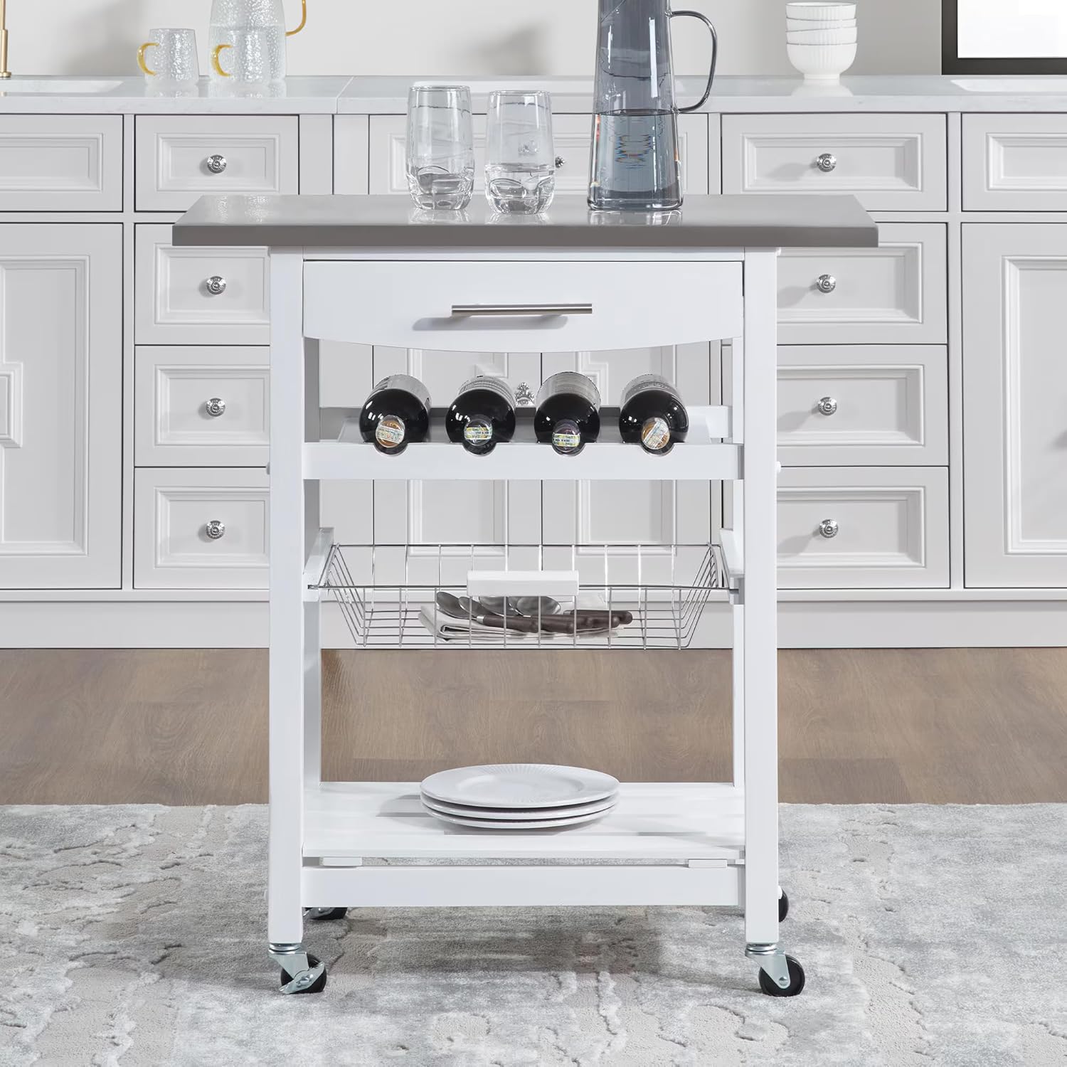 Mobile Rolling Kitchen Island Trolley Serving Cart with Underneath Drawer & Slide-Out Wire Storage Basket (White+Wood)