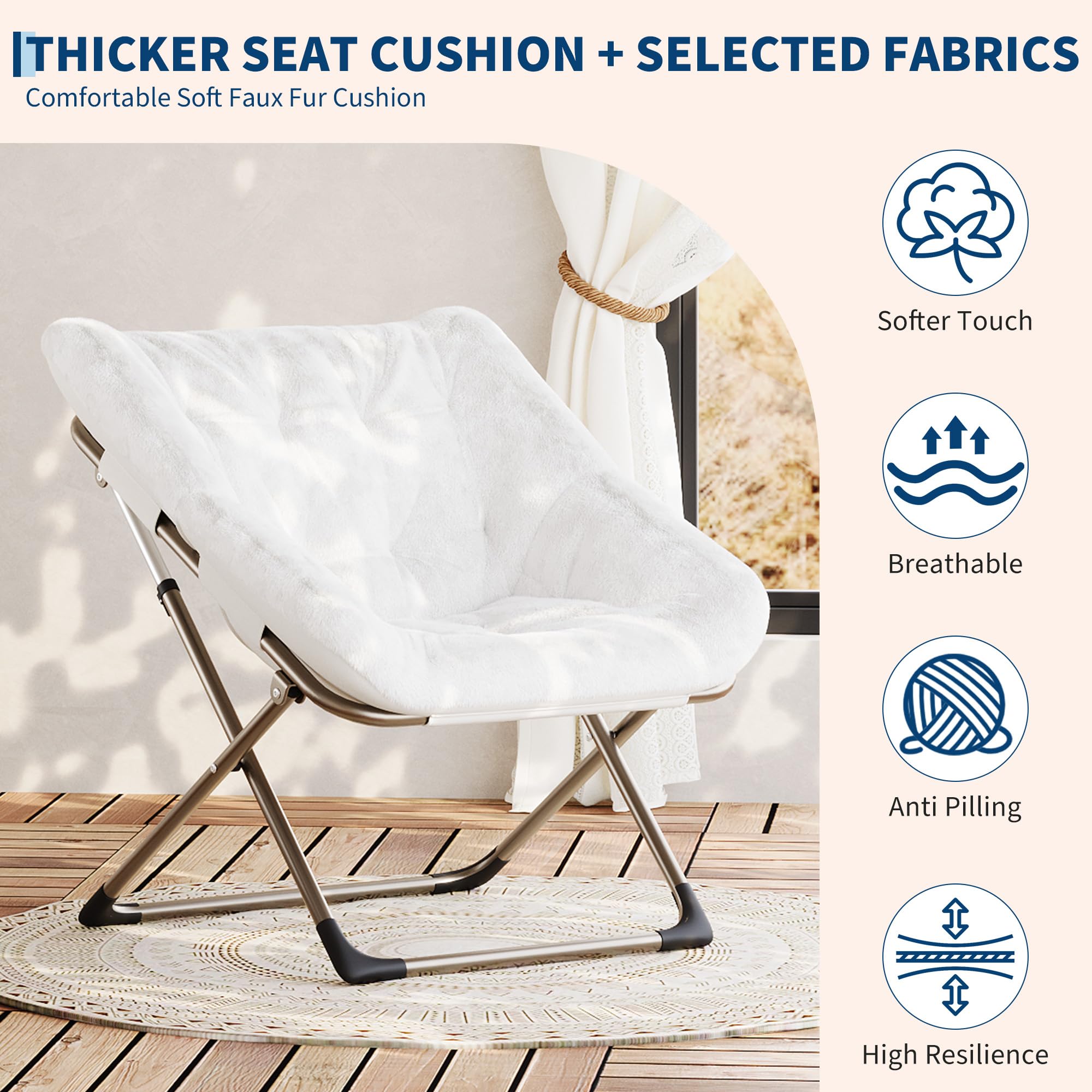 Sillon Plegable Sillon Para Salon Dormitorio Relax Moon Silla Portátil Sillons De Lectura De Metal, Estructura De Acero y Piel Sintética Suave Reposacabezas Alto Respaldo Alto Capacidad 136 Kg Peluche