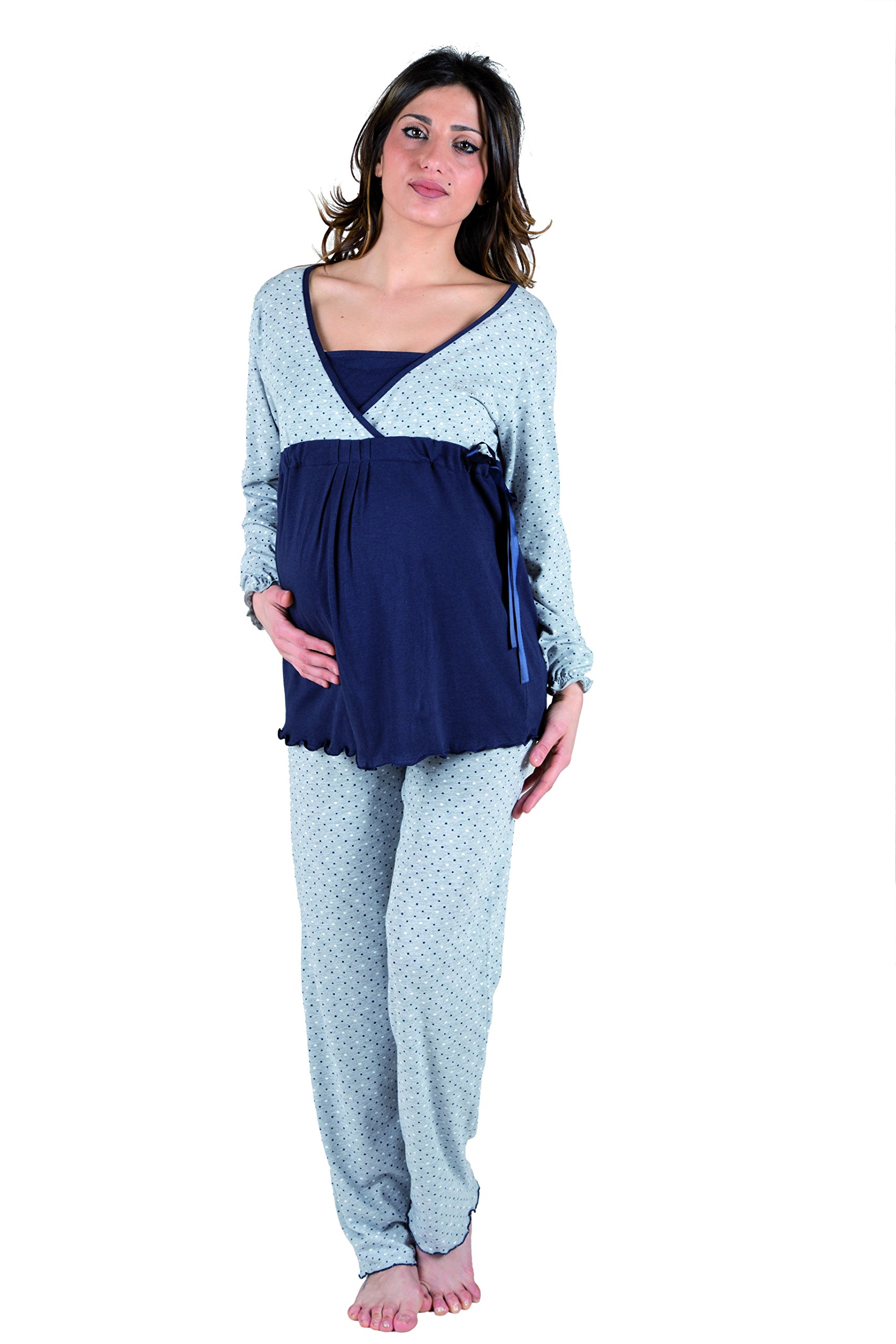Premamy - Pigiama per Premaman, Modello con Fiocco, Cotone Jersey, Pre-Post Parto