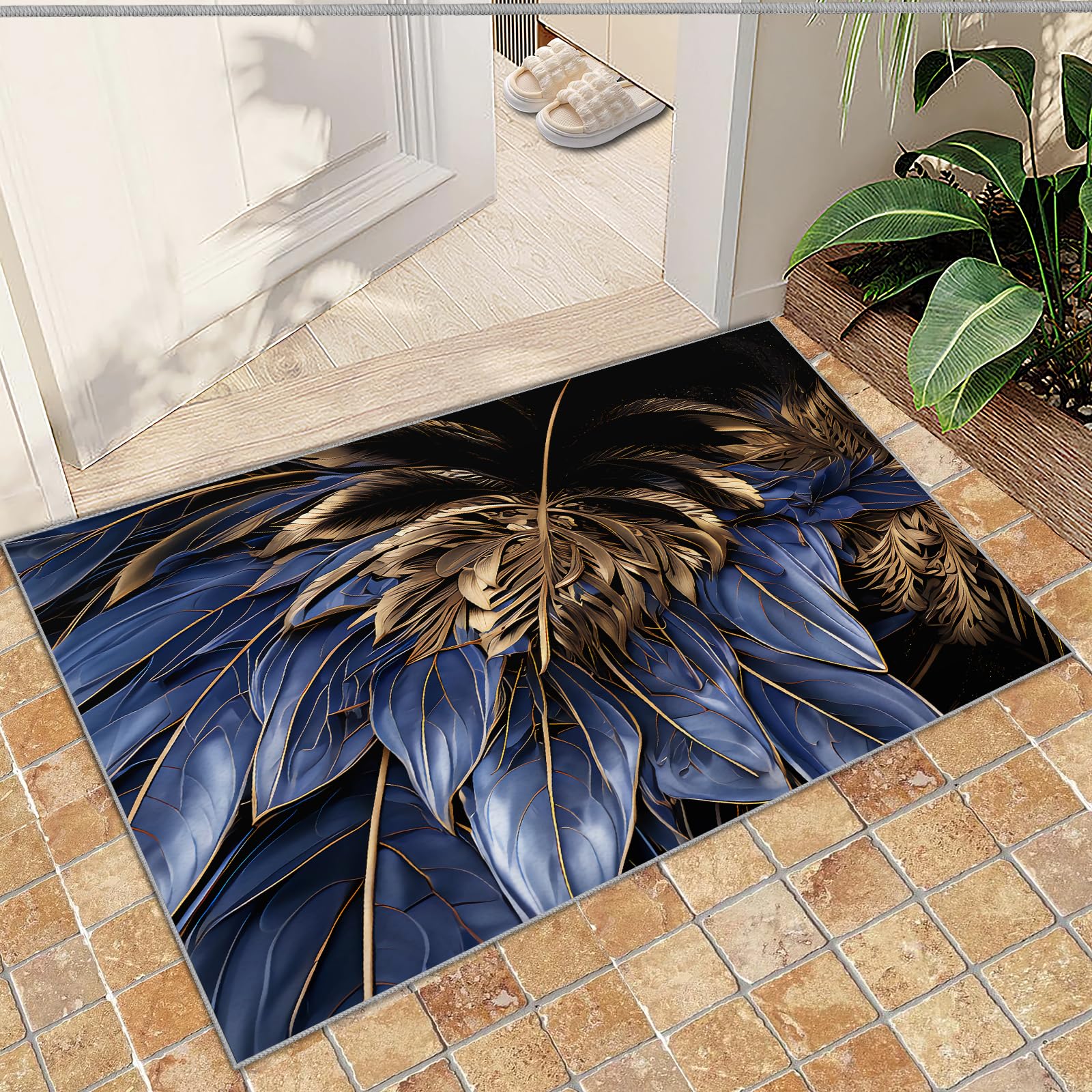 QDJKBL Navy Blue Gold Leaves Plant, Entrance Rug 60 X 90 Cm 3D Luxurious Tropical RainForest Palm Leaves Doormats, Floor Mats Fast Drying for Entrance Door