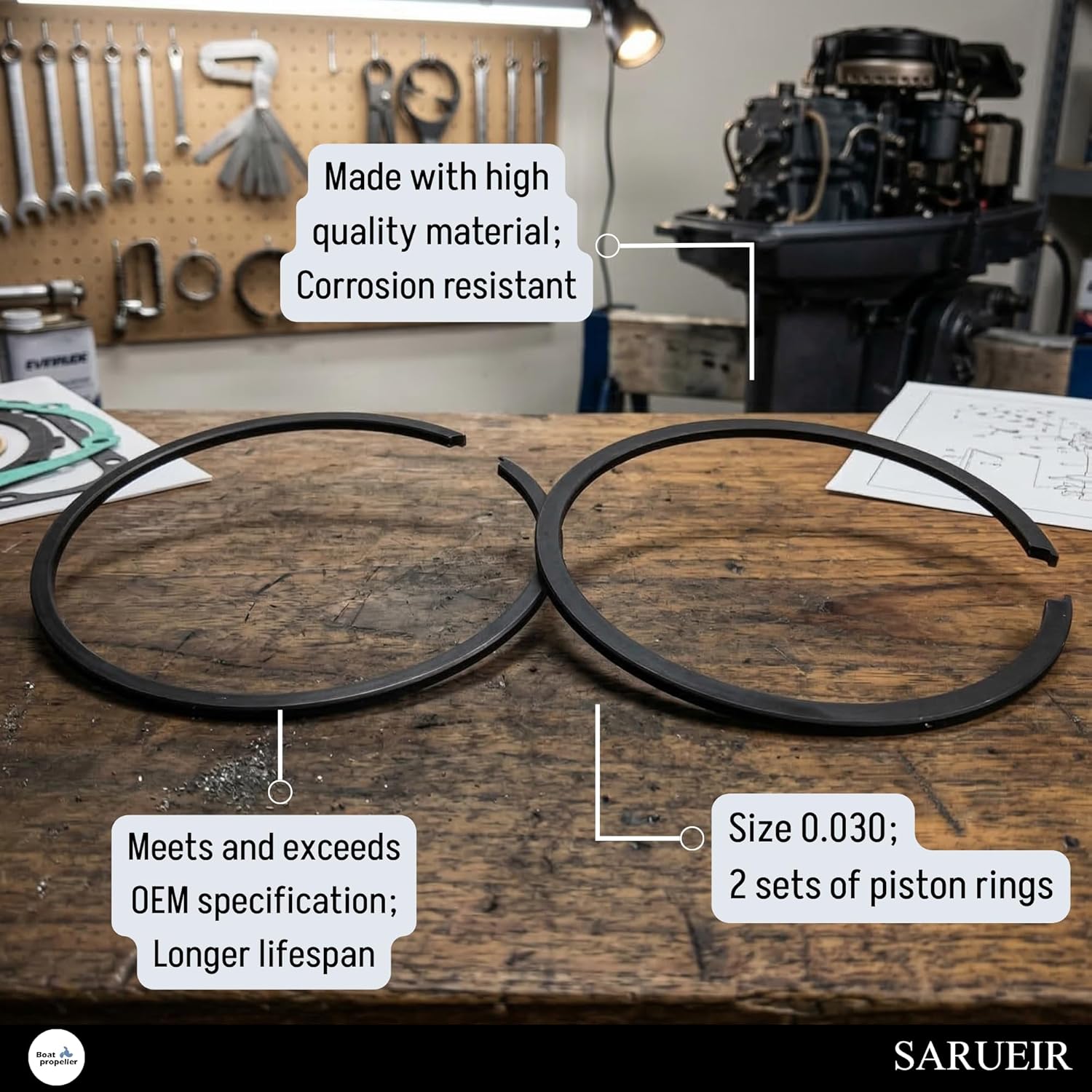386280 18-3933 2 sets Piston Ring Size 0.030 Replacement for OMC Johnson Evinrude 9.9HP 15HP Outboard 1976-1992