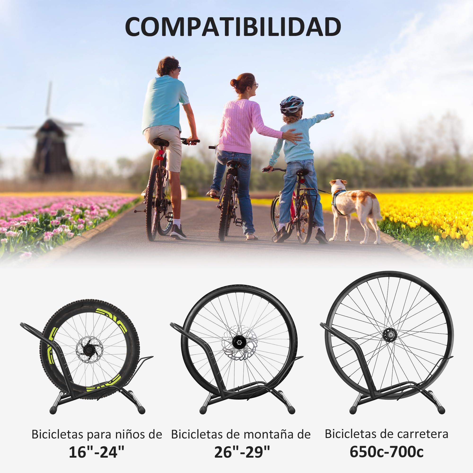 SPORTNOW Aparcamiento para Bicicletas Soporte para Bicicletas de Acero Aparca Bicis de Suelo Portátil para Interior y Exterior 59x41x38 cm Negro