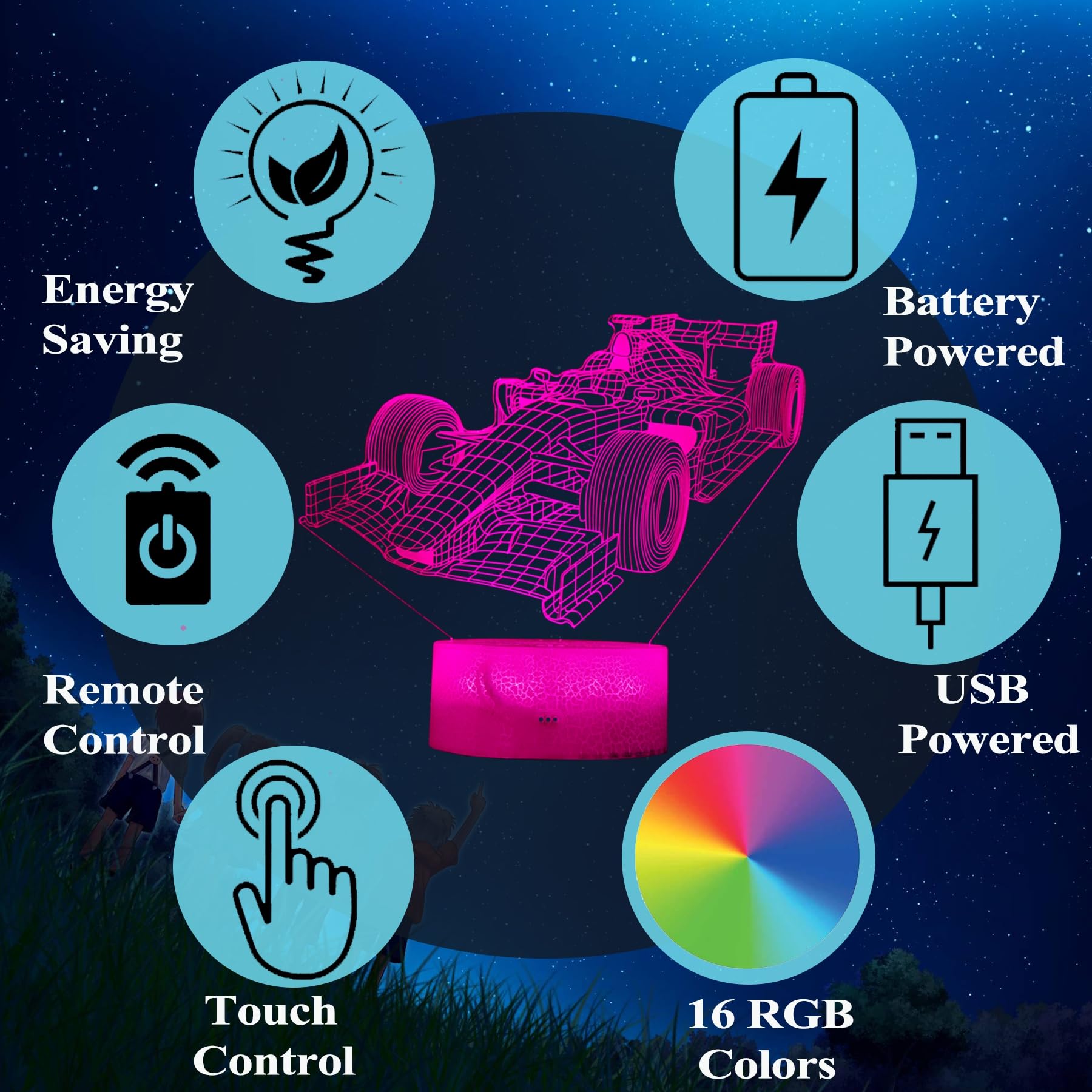 POSSHE Racing Car Gifts for Boy Race Car Night Light with Remote Control, 16 Colors Changing, RGB Flashing Mode and Dimmable - Image 4
