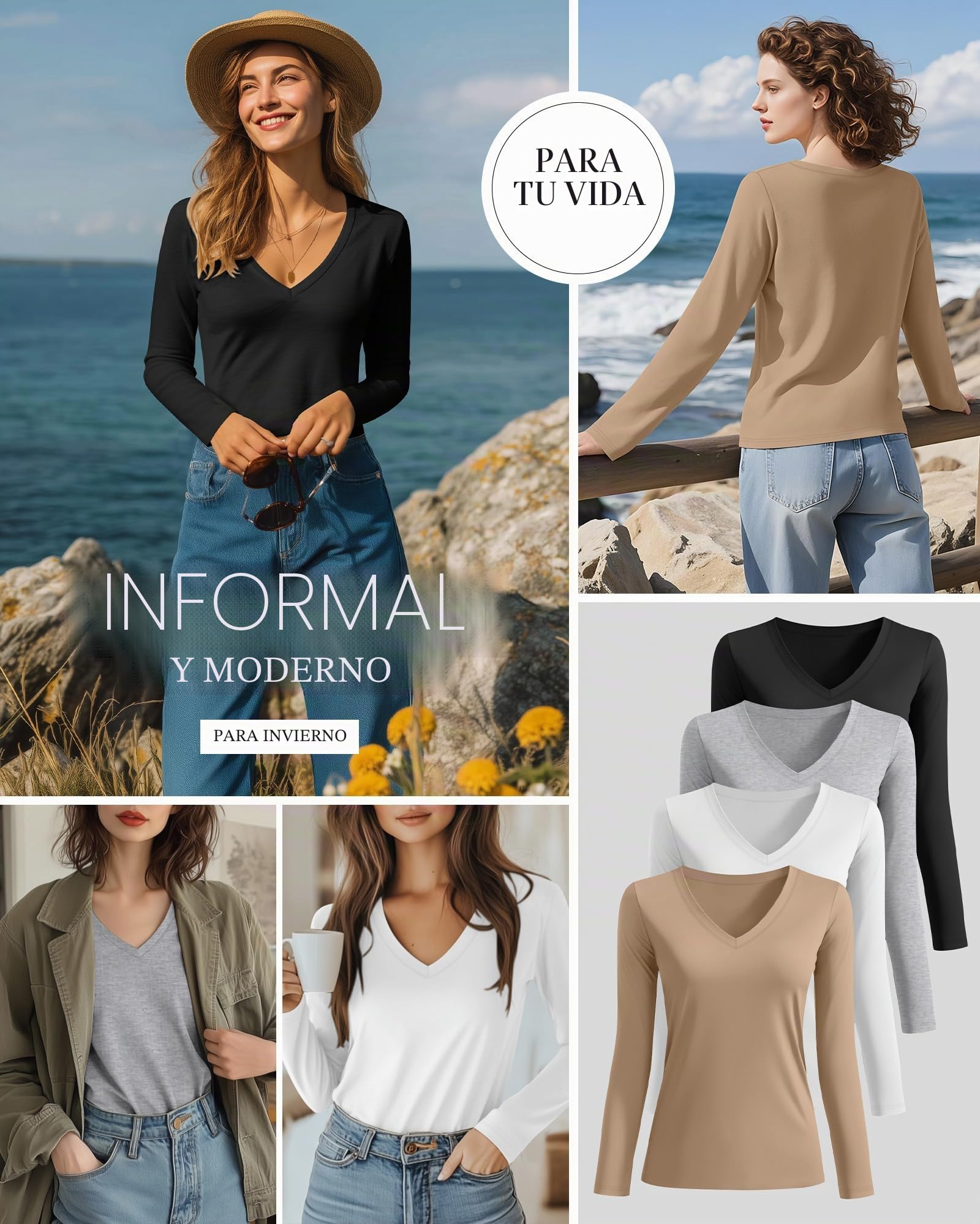 Neer Camisetas para Mujer, Paquete de 4, Cuello en V, Manga Larga, Informales, Holgadas, Básicas, Dobladillo Recto, Lisas
