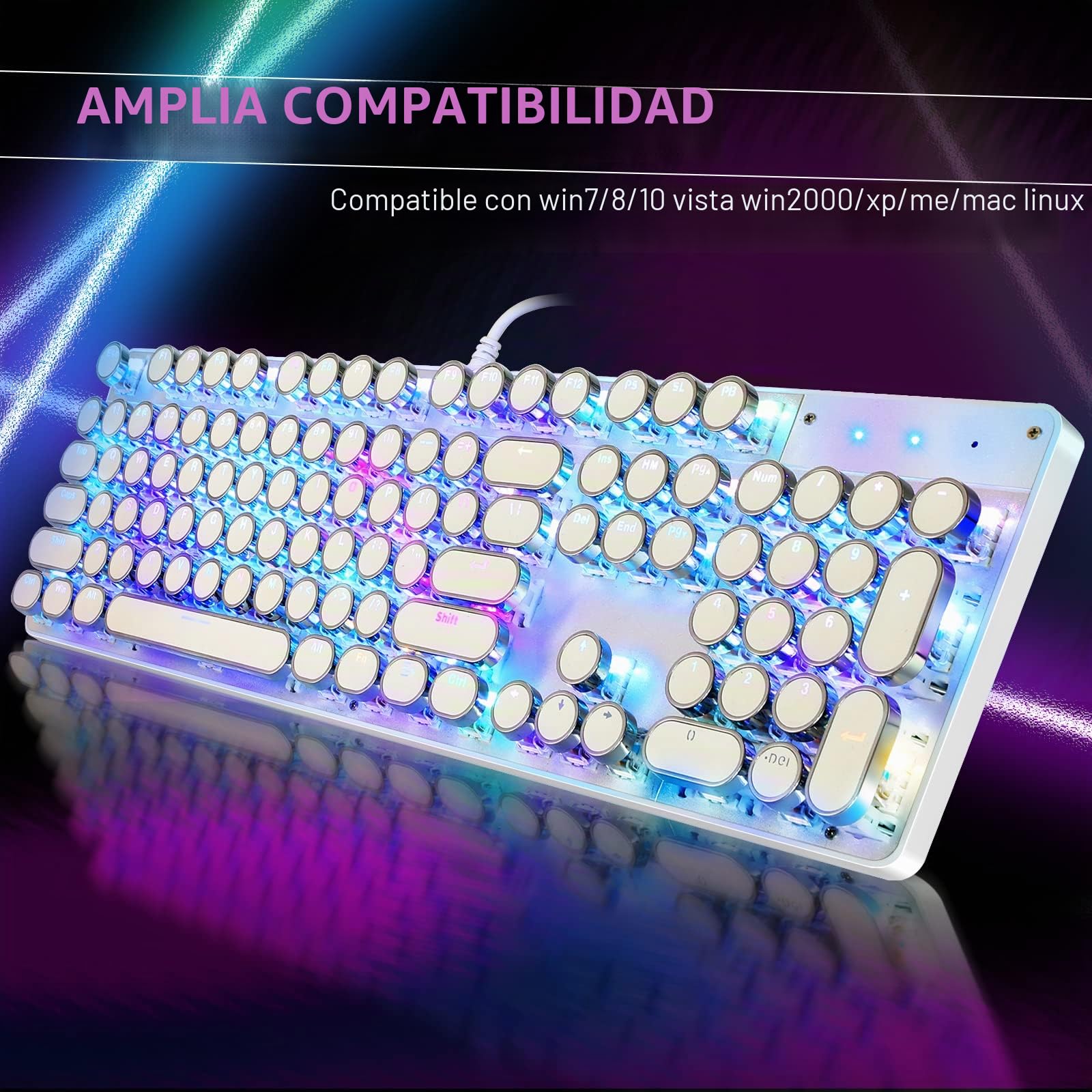 YSCP Teclado mecánico para Juegos Estilo máquina de Escribir RGB retroiluminado con Cable con Interruptor Azul, tecla Redonda Retro, Teclado de 104 Teclas (R-Blanco)