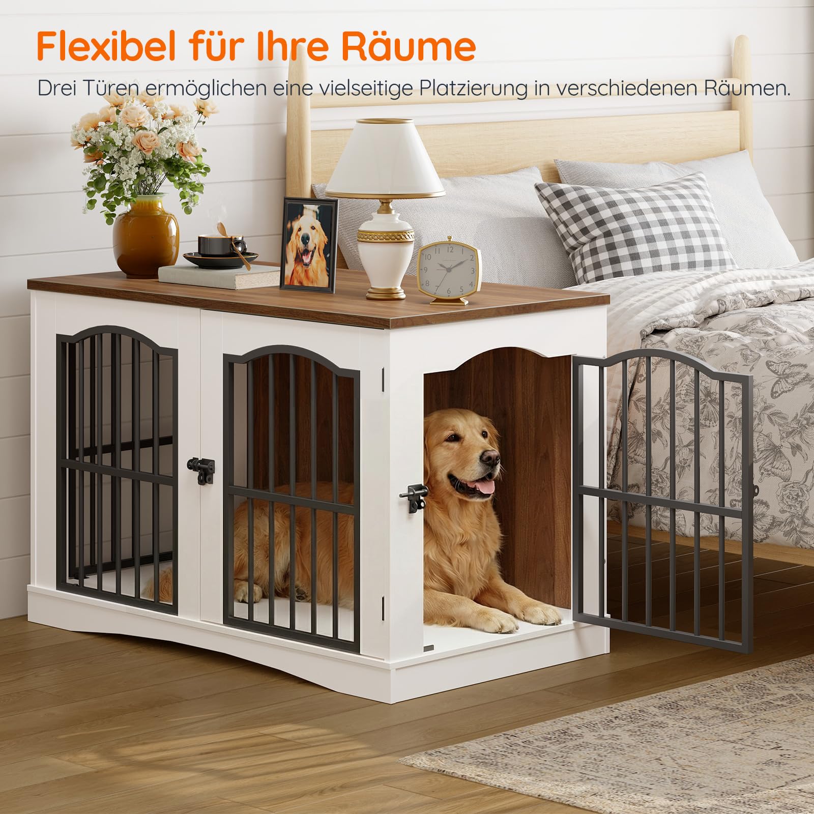 HOOBRO Hundekäfig Möbel, 100cm Hundebox für Zuhause, Moderne Hundebox Indoor mt 3 Türen für mittelgroße Hunde, für Wohnzimmer, Schlafzimmer, Treppenhaus, 100 x 60 x 67,5 cm, Weiß und Walnuss EWH66GW03