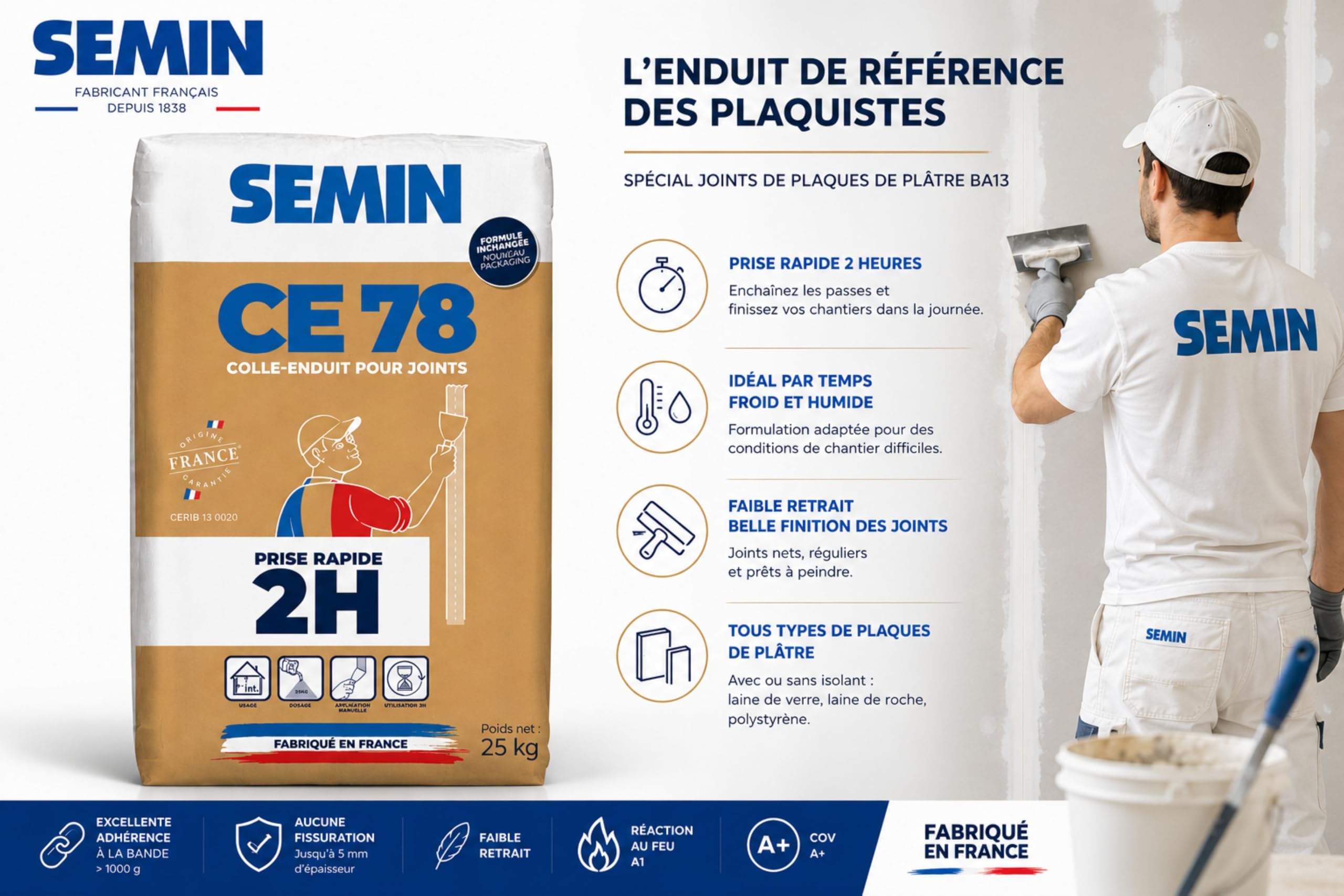 SEMIN CE 78 2H – Enduit pour Joints de Plaques de Plâtre BA13, Prise Rapide 2 Heures, Faible Retrait, Finition Soignée, Sac 25 kg