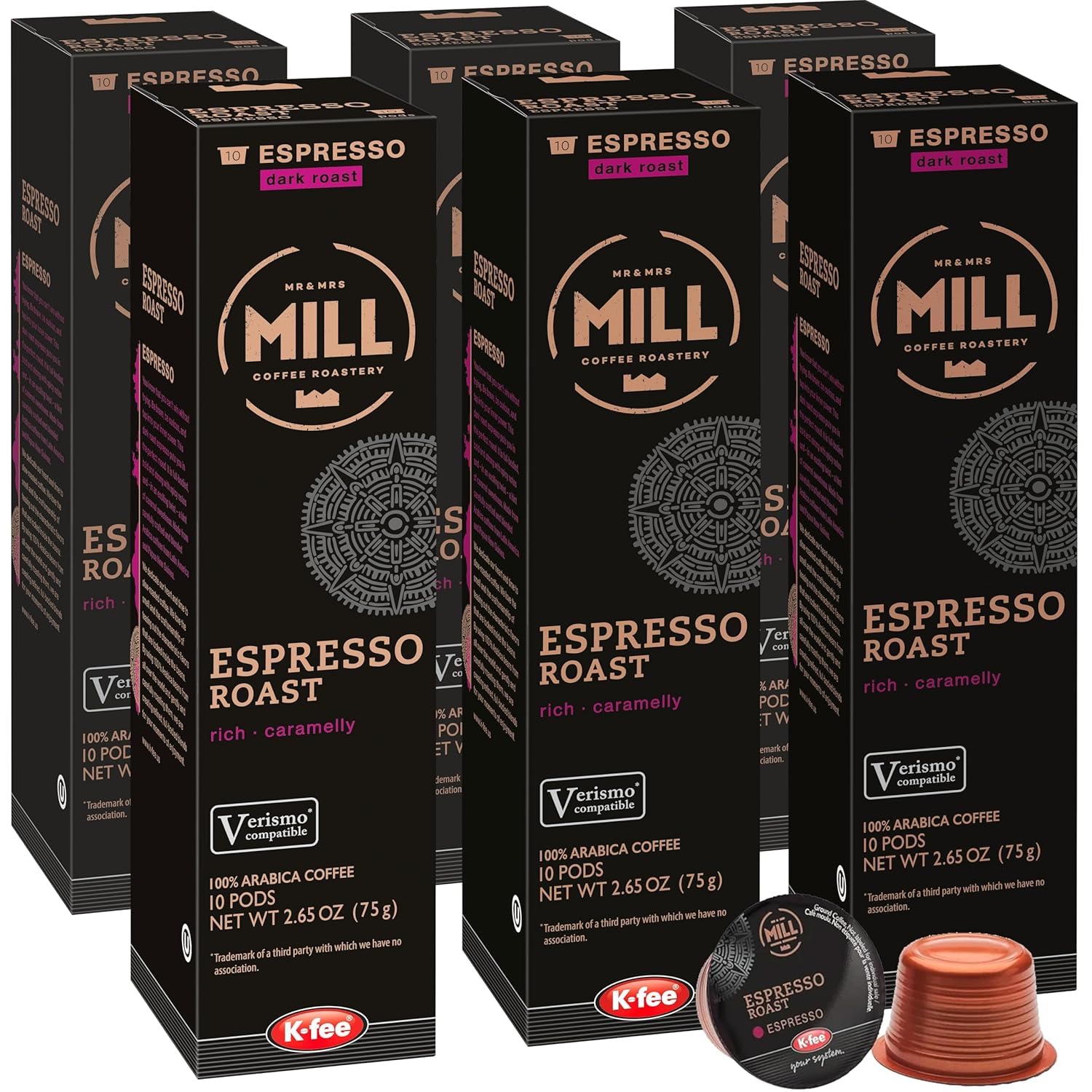 Mr & Mrs Mill Dark Roast Espresso Pods – K-fee® & Starbucks Verismo* Compatible, Coffee Capsules | 60 Count (6 Boxes x 10 Pods) | 100% Arabica | Bold,