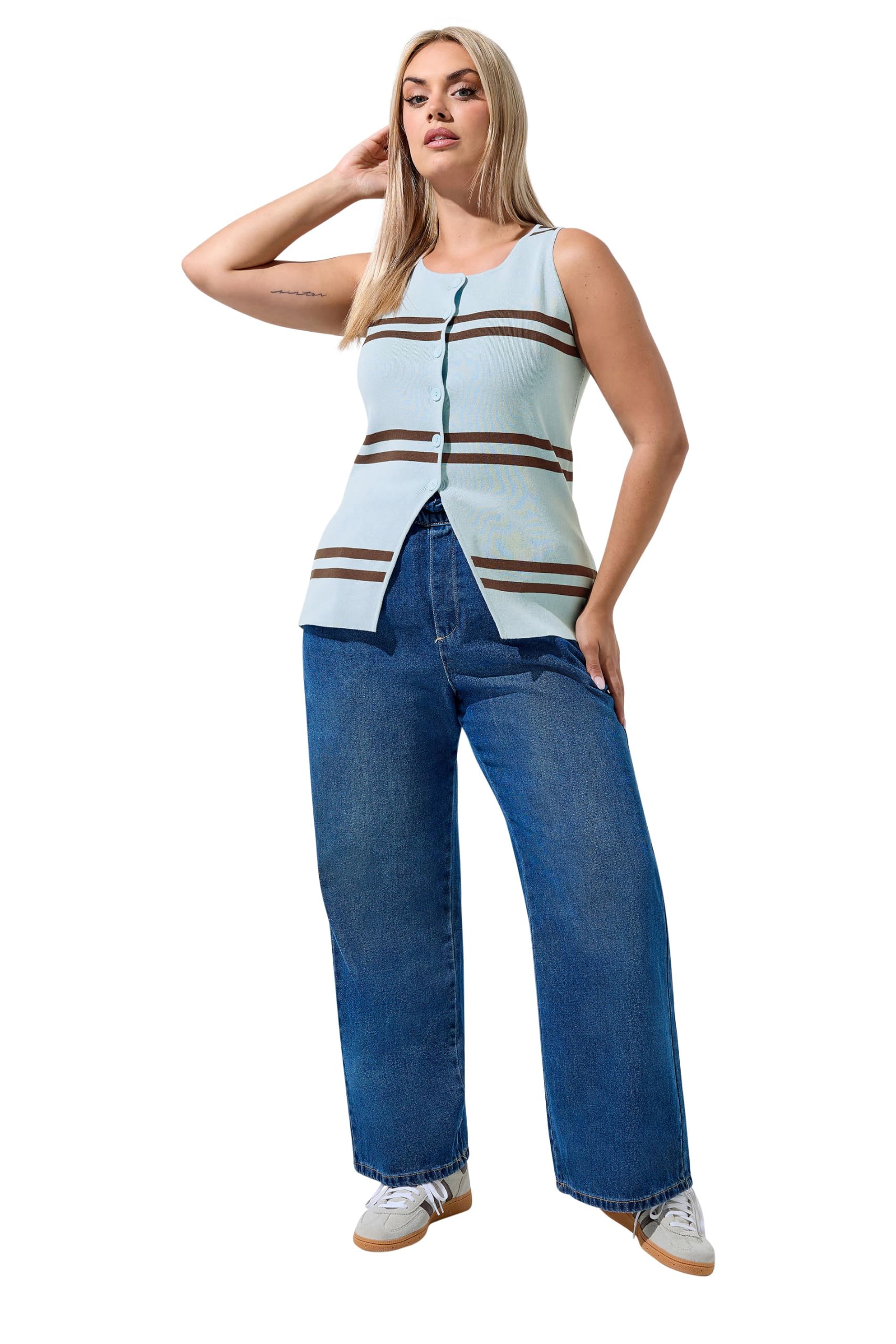 Yours Women's Baby Blue Stripe Flare Hem Waistcoat In | Size: 14/16