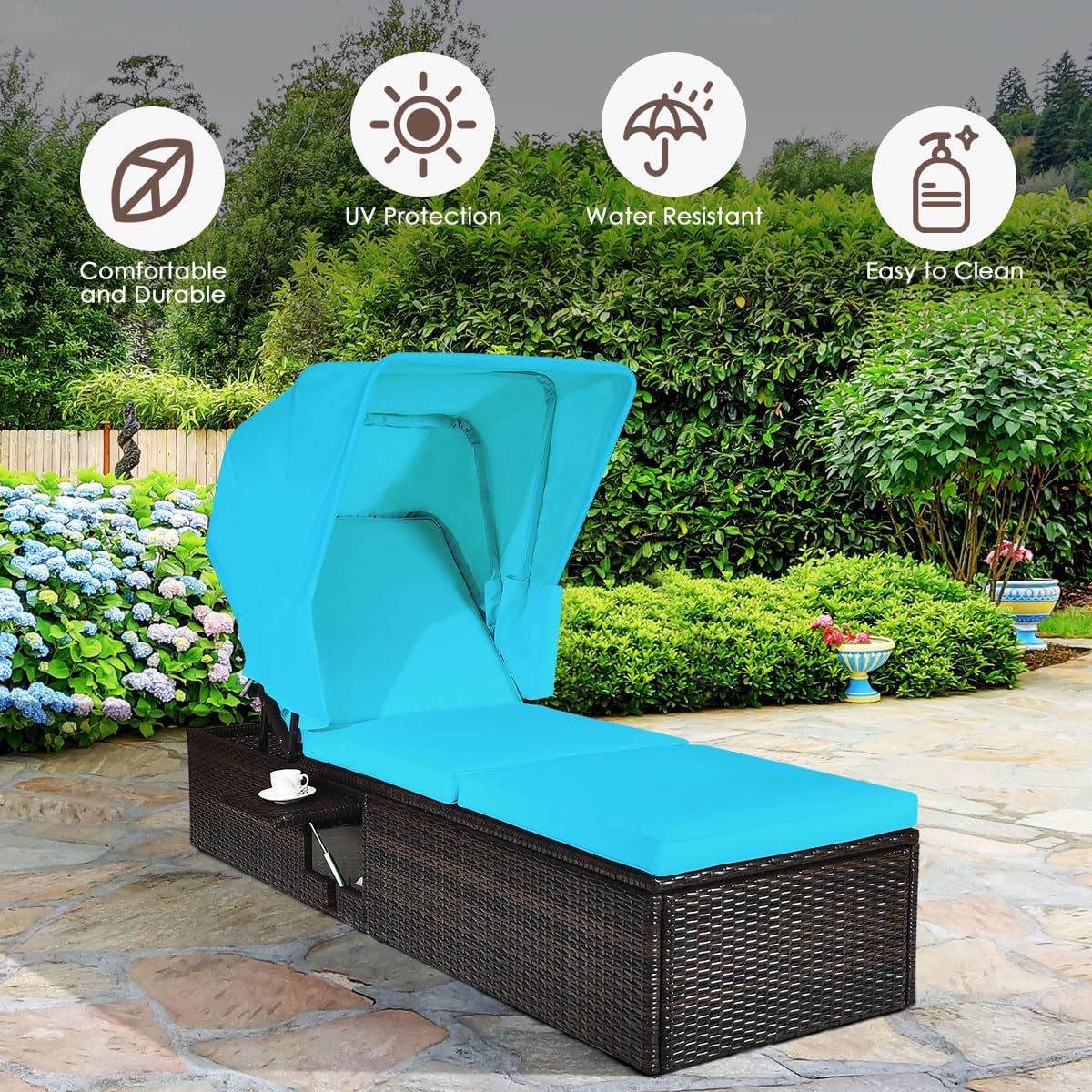 COSTWAY Patio Rattan Lounge Chair Chaise Cushioned Top Canopy Adjustable Turquoise